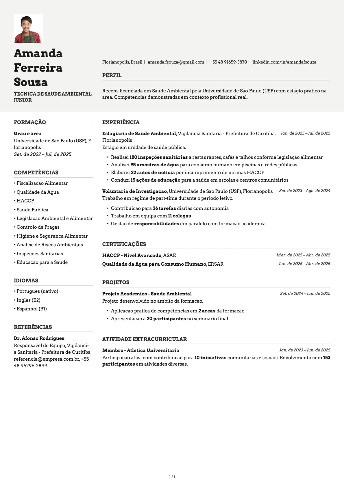 Tecnica de Saude Ambiental Junior resume example
