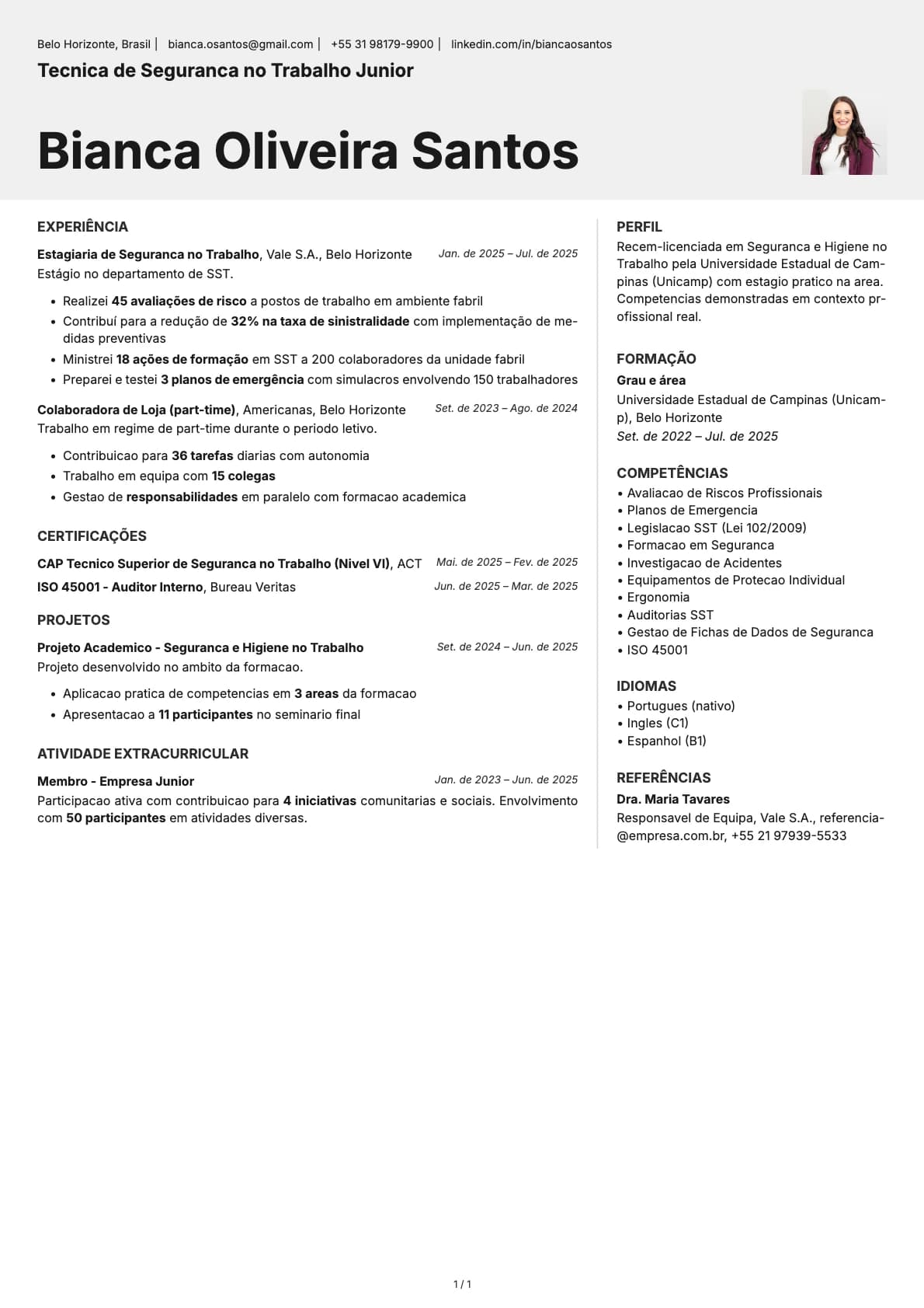 Tecnica de Seguranca no Trabalho Junior resume example