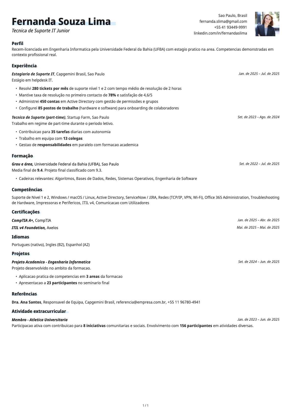 Tecnica de Suporte IT Junior resume example