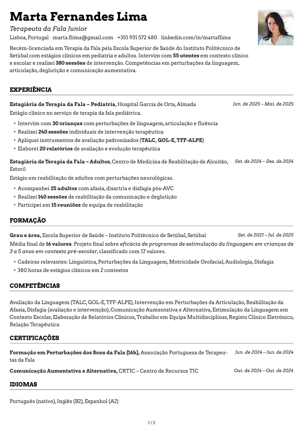 Terapeuta da Fala Junior resume example