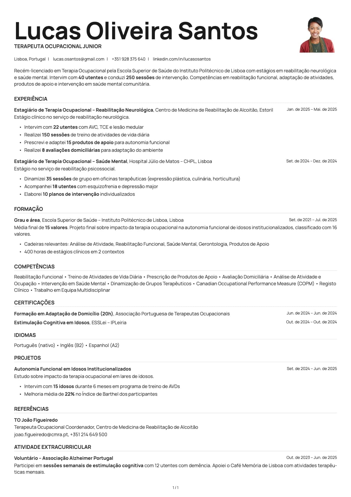 Terapeuta Ocupacional Junior resume example
