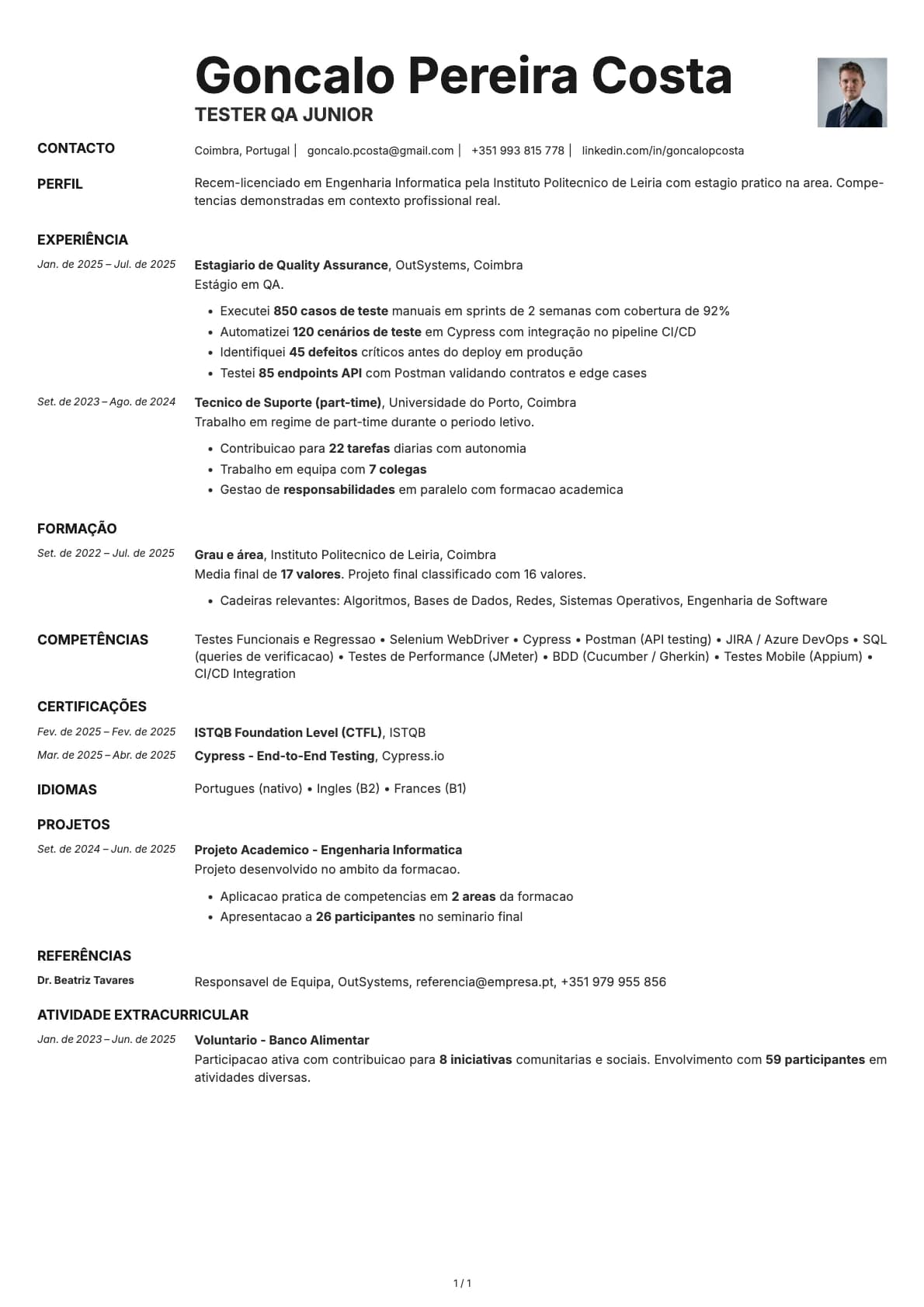 Tester QA Junior resume example