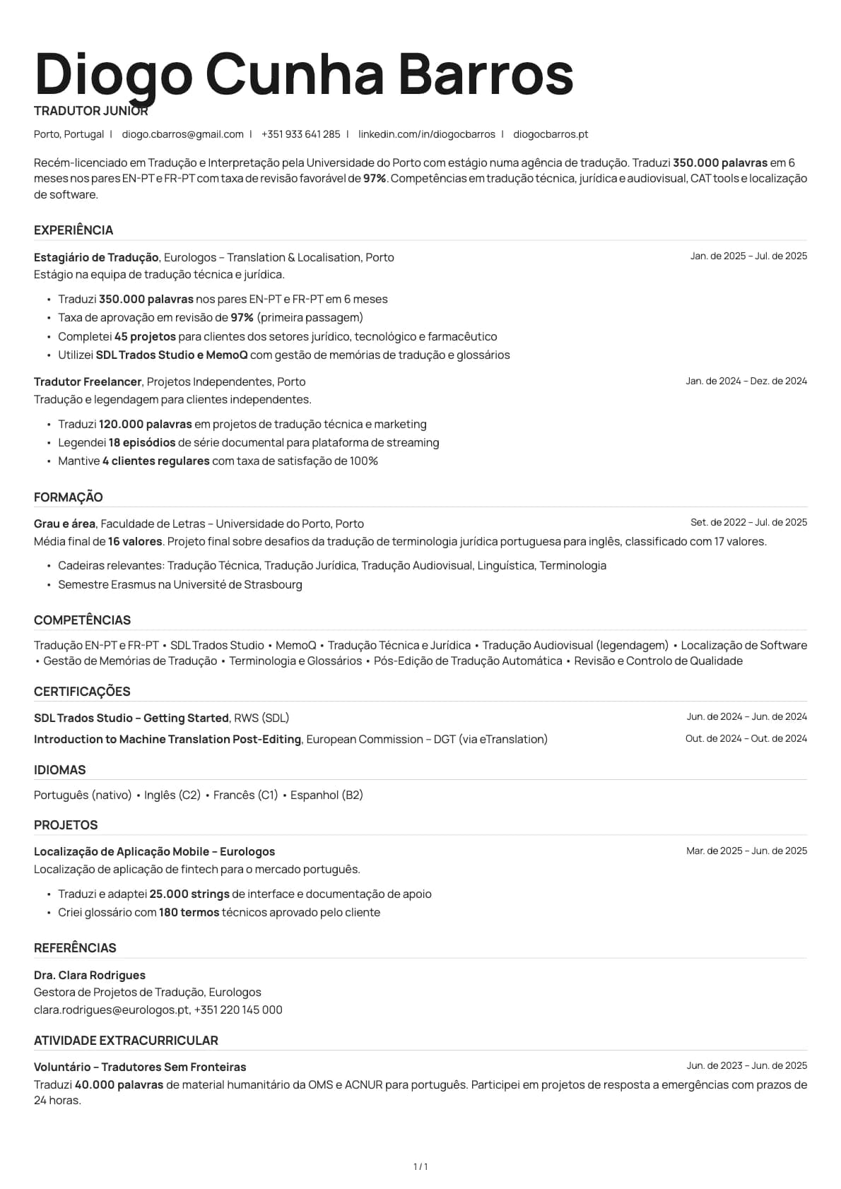 Tradutor Junior resume example