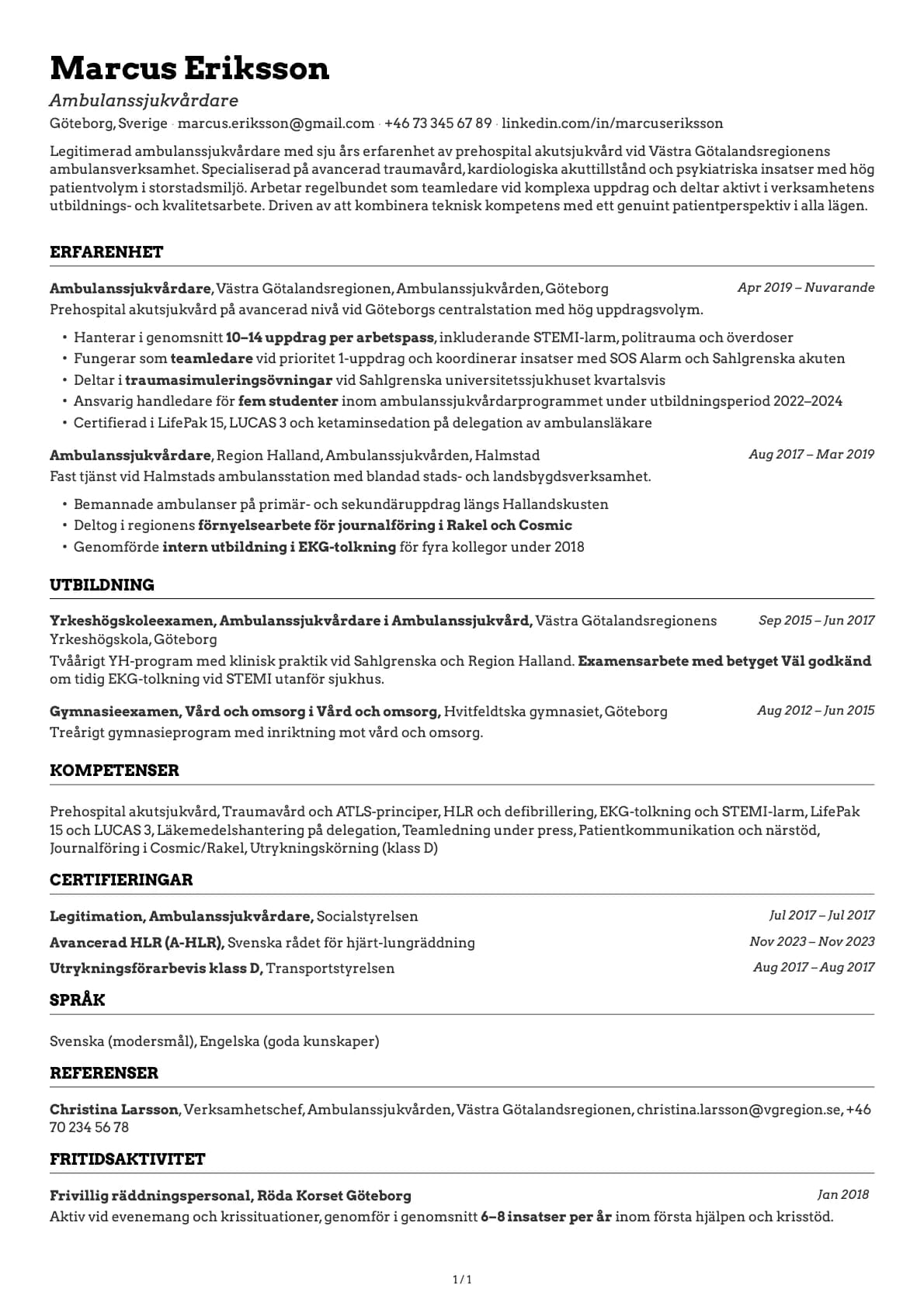 Ambulanssjukvårdare resume example