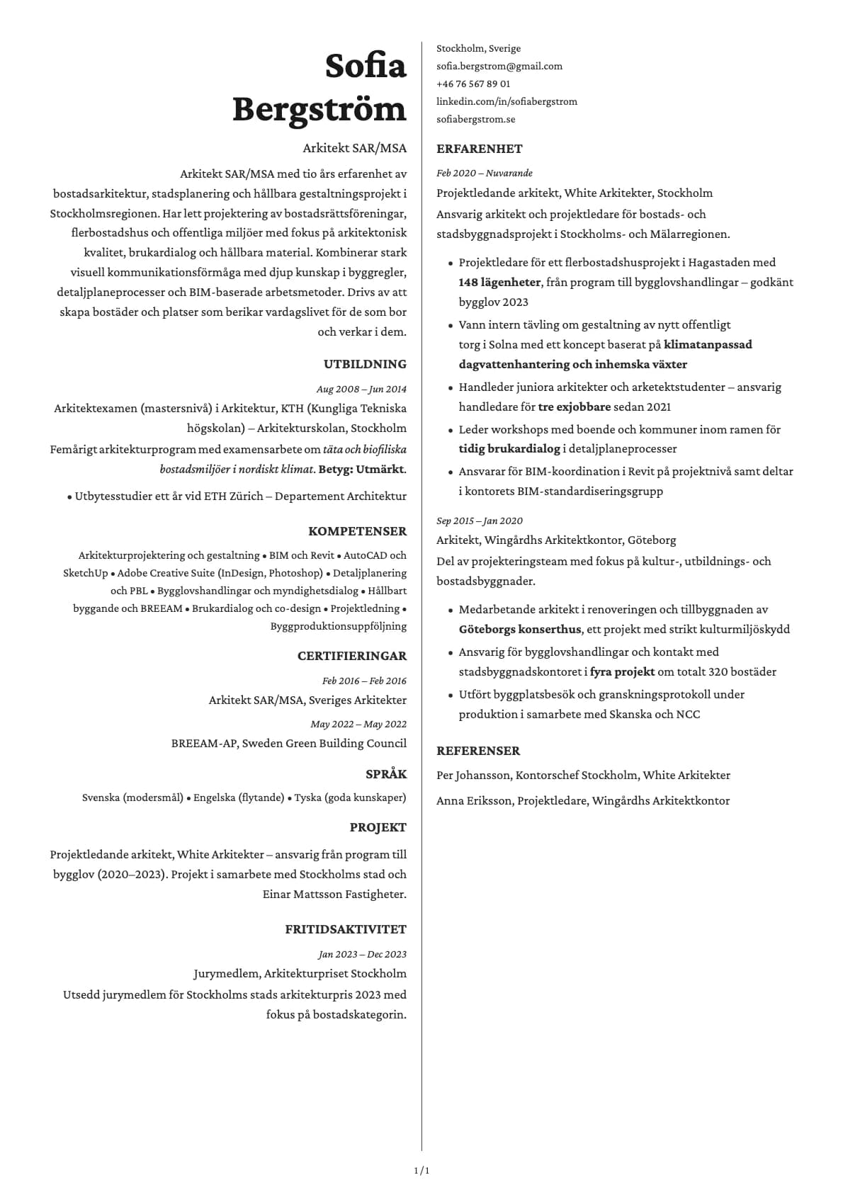 Arkitekt resume example