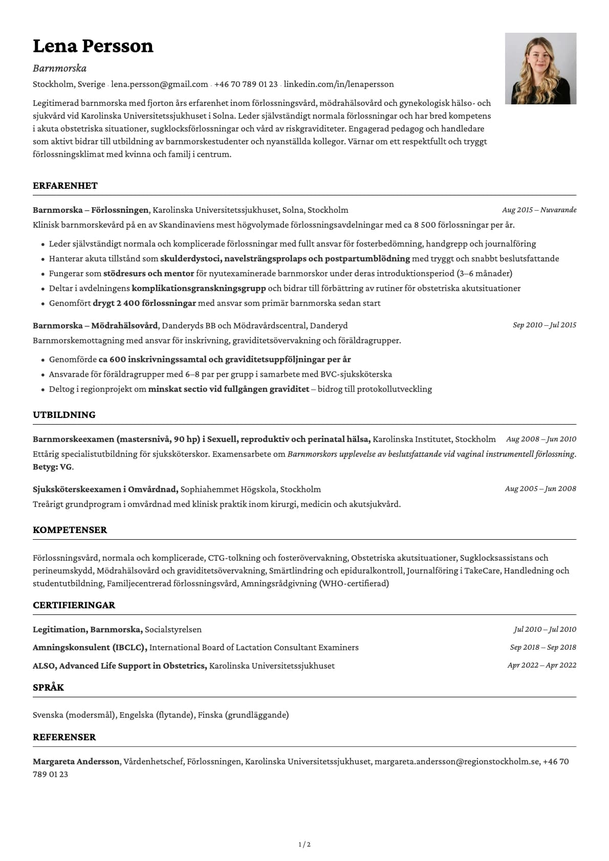 Barnmorska resume example