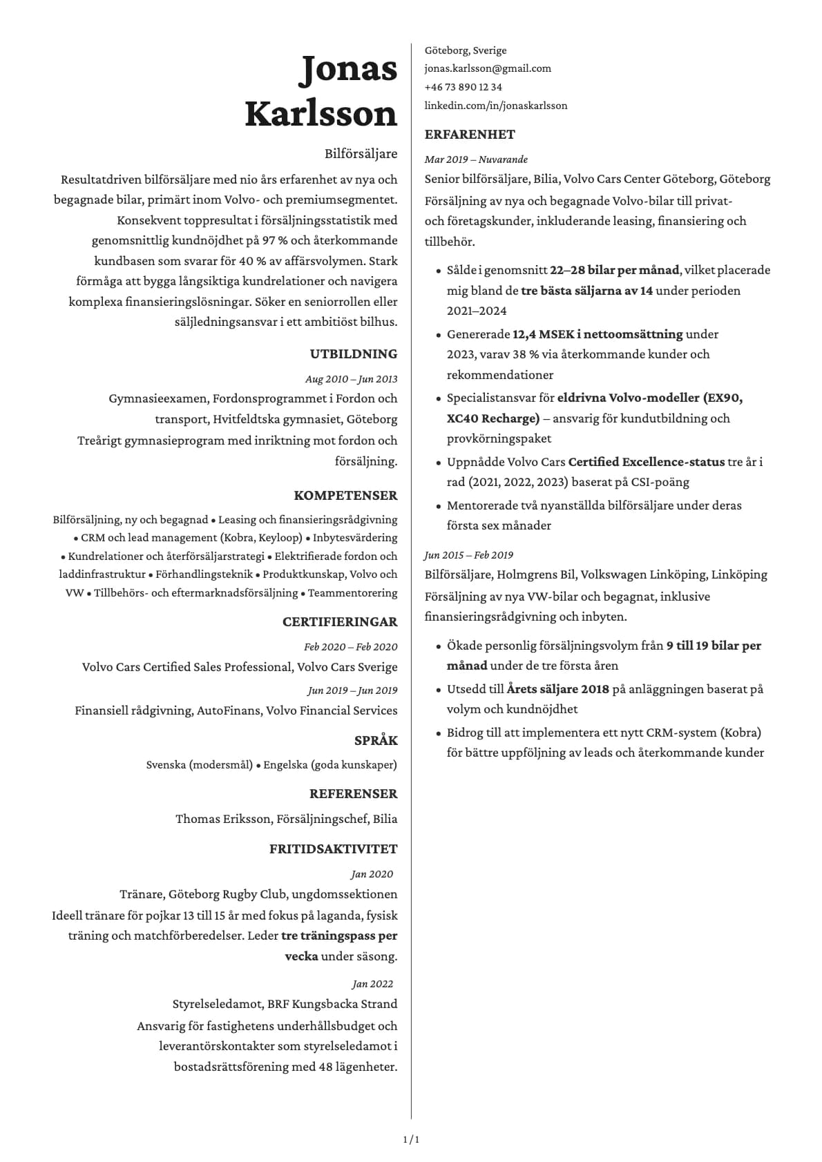 Bilförsäljare resume example