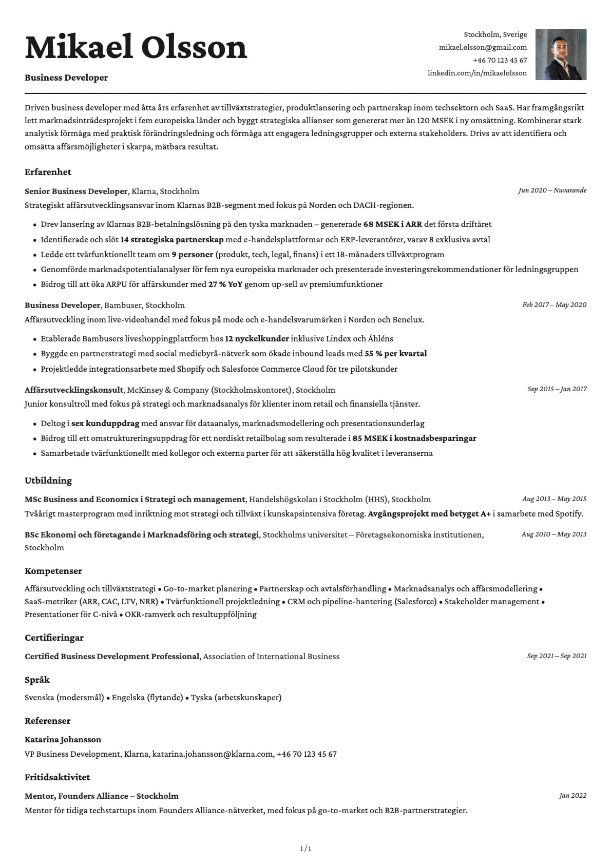 Affärsutvecklare resume example
