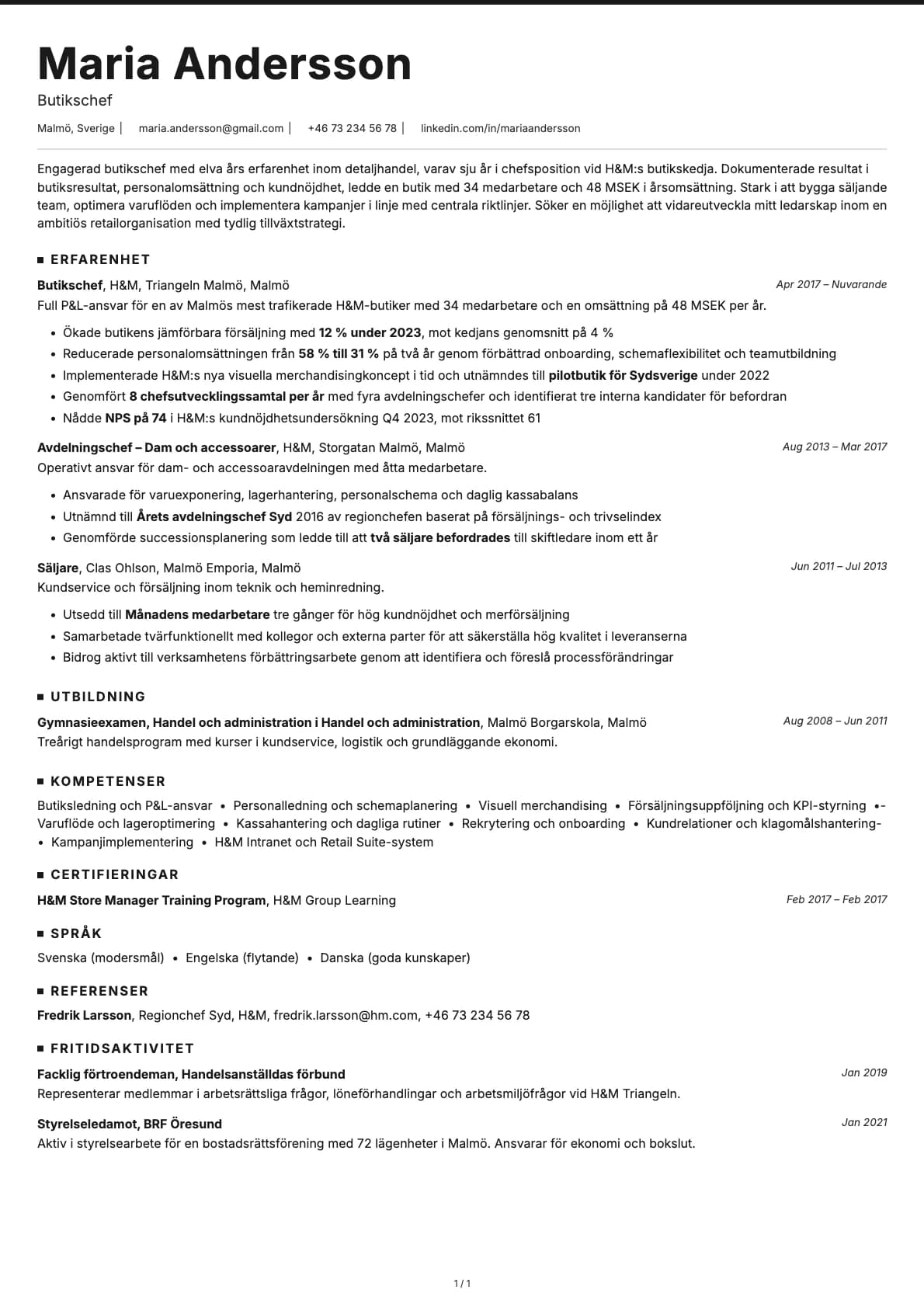 Butikschef resume example