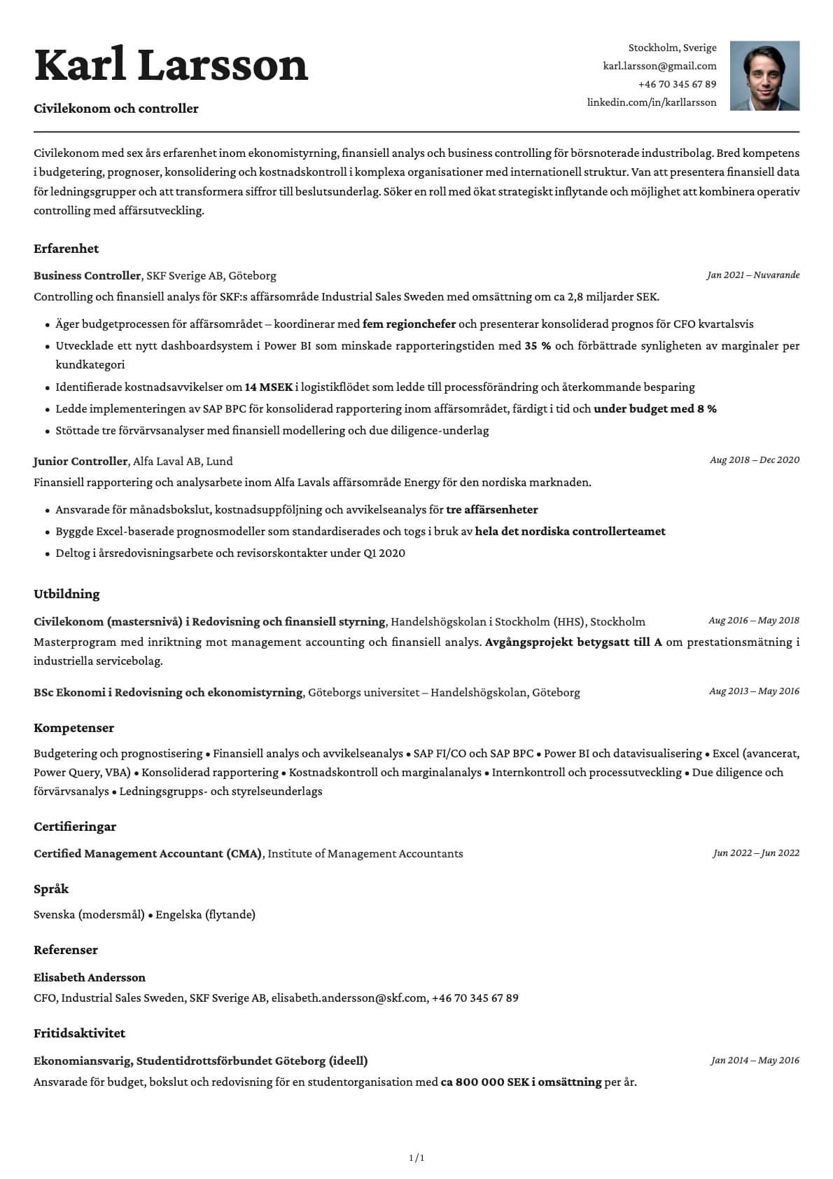 Civilekonom och controller resume example