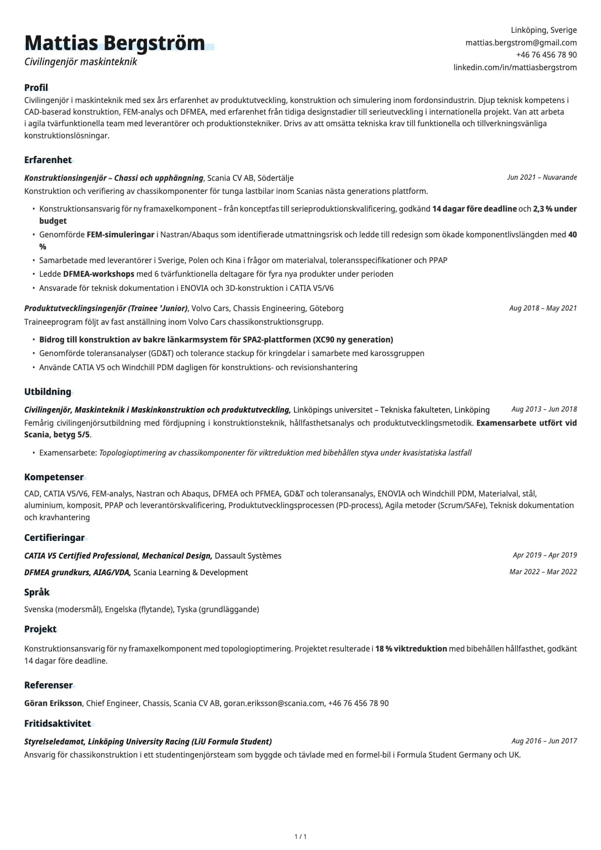 Civilingenjör maskinteknik resume example