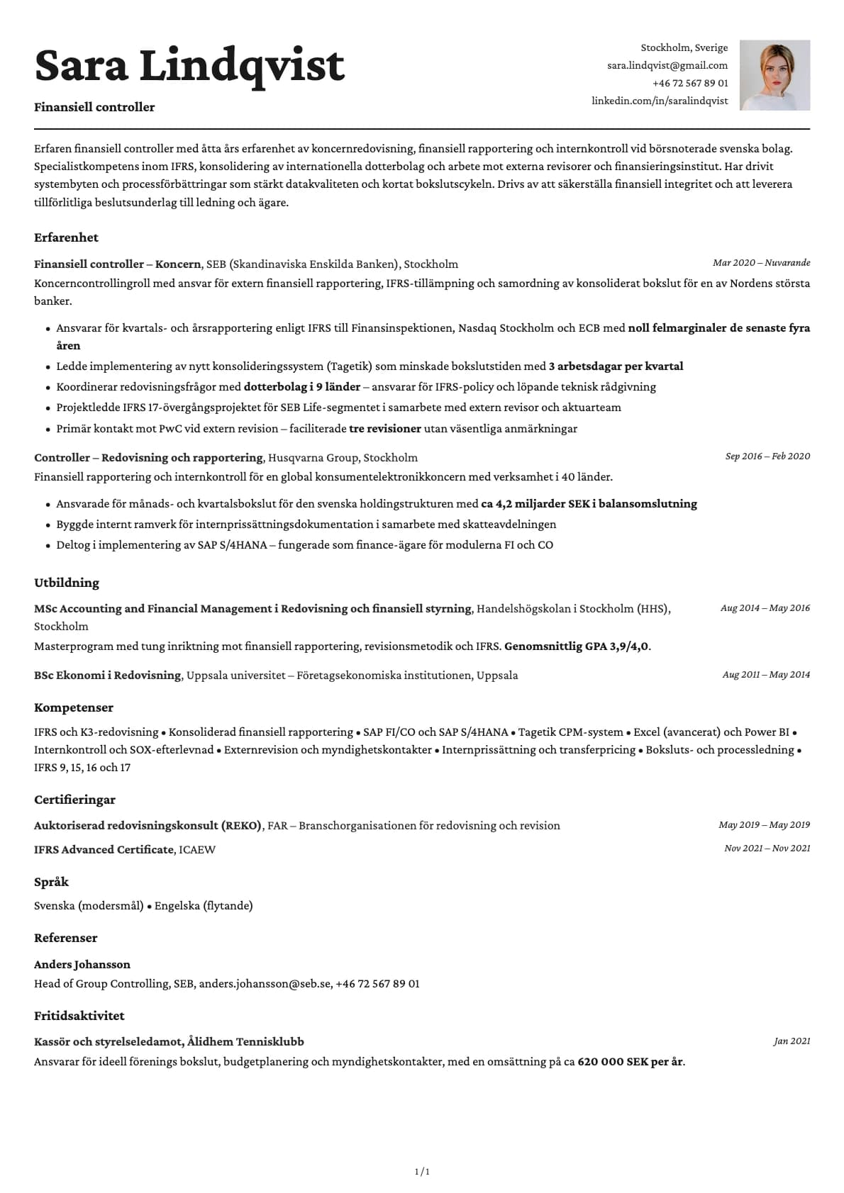 Finansiell controller resume example