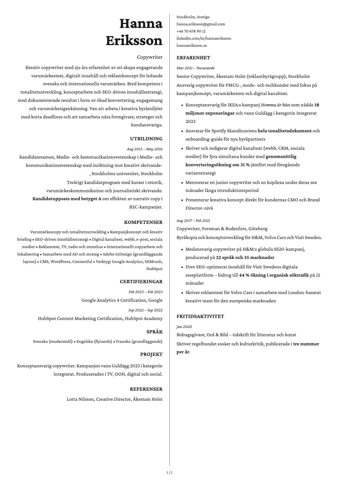Copywriter resume example