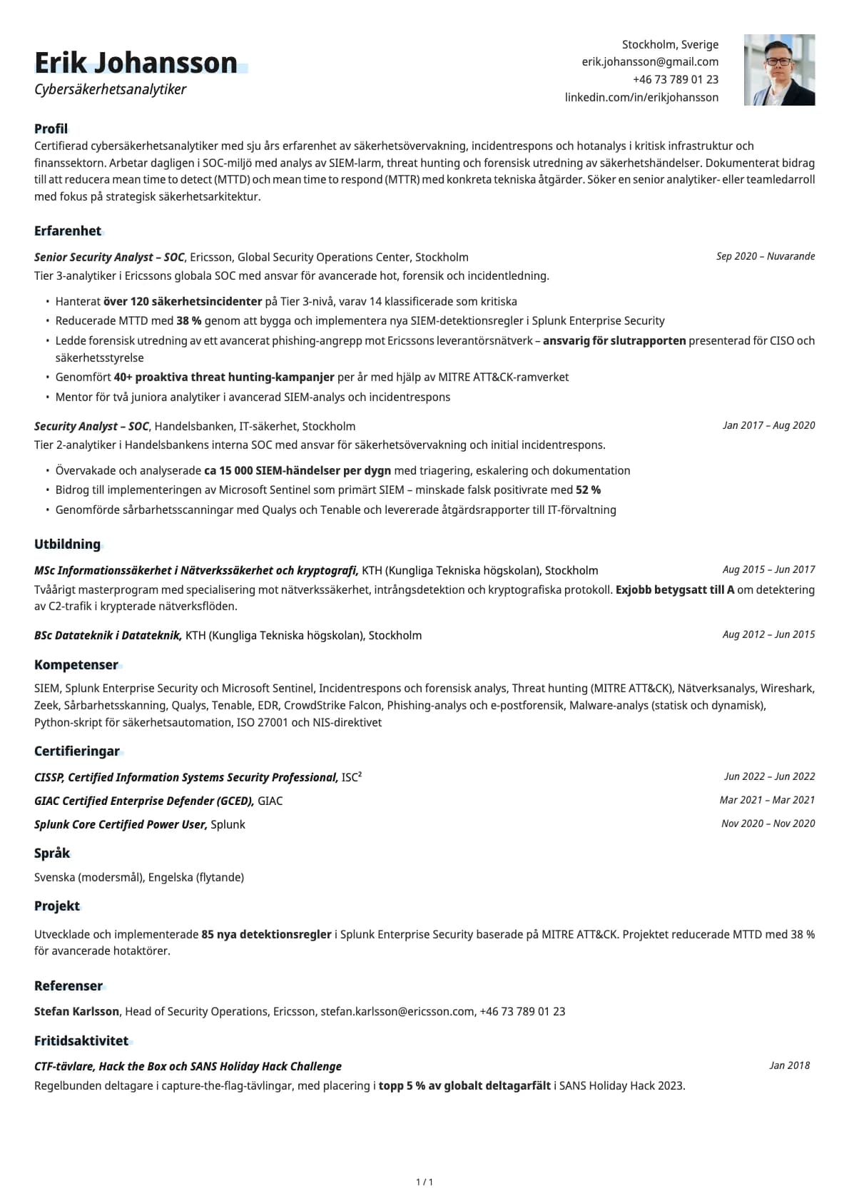 Cybersäkerhetsanalytiker resume example