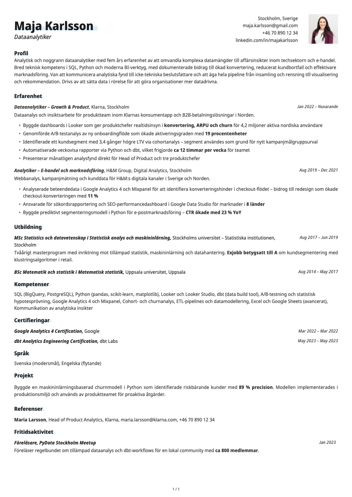 Dataanalytiker resume example