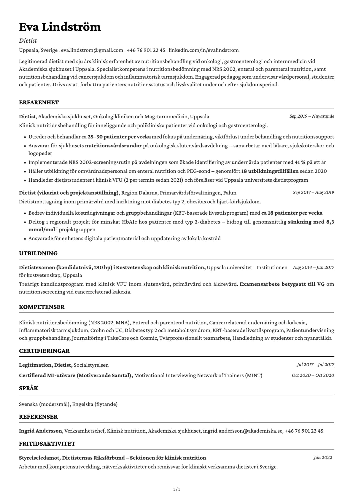 Dietist resume example