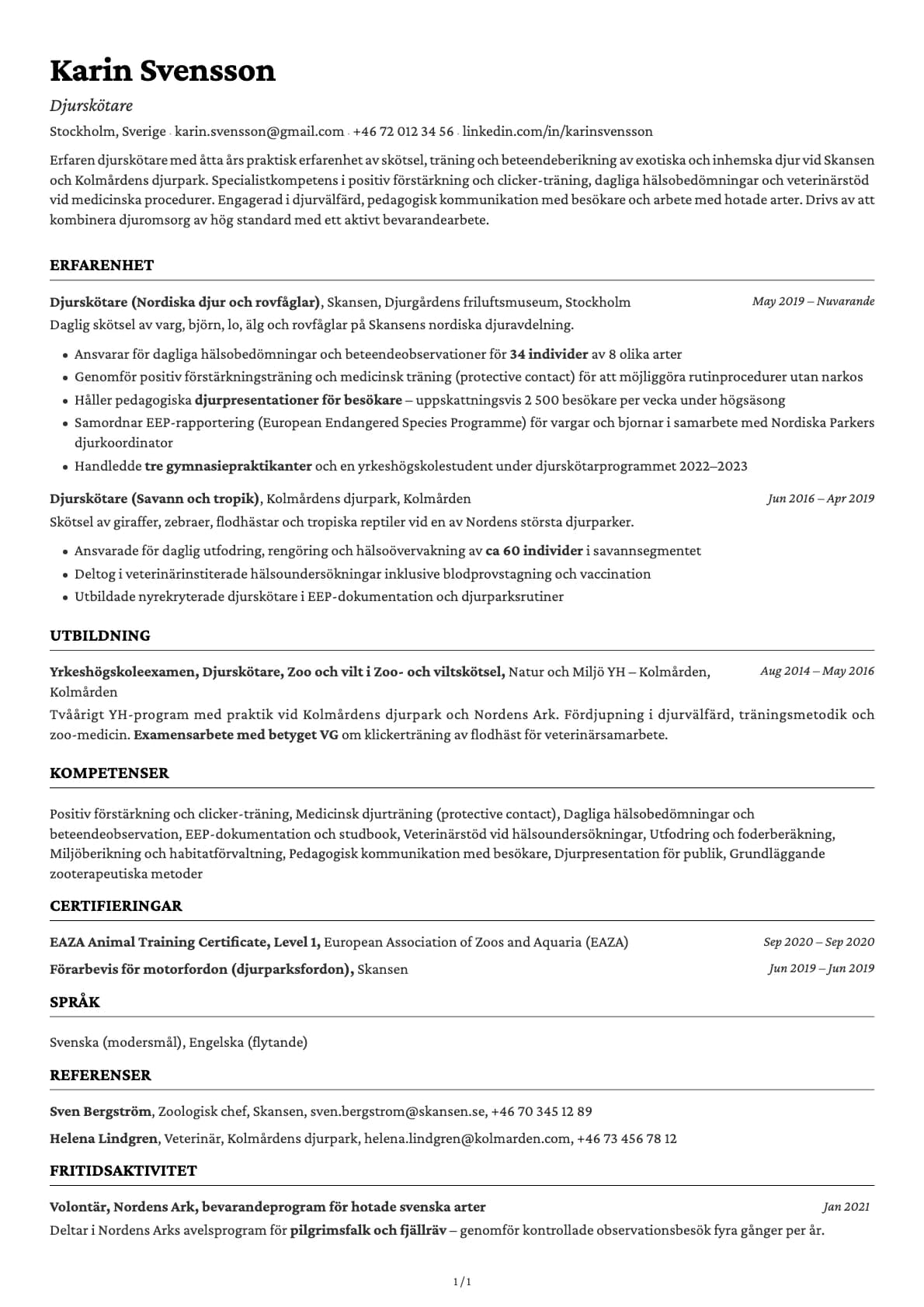 Djurskötare resume example