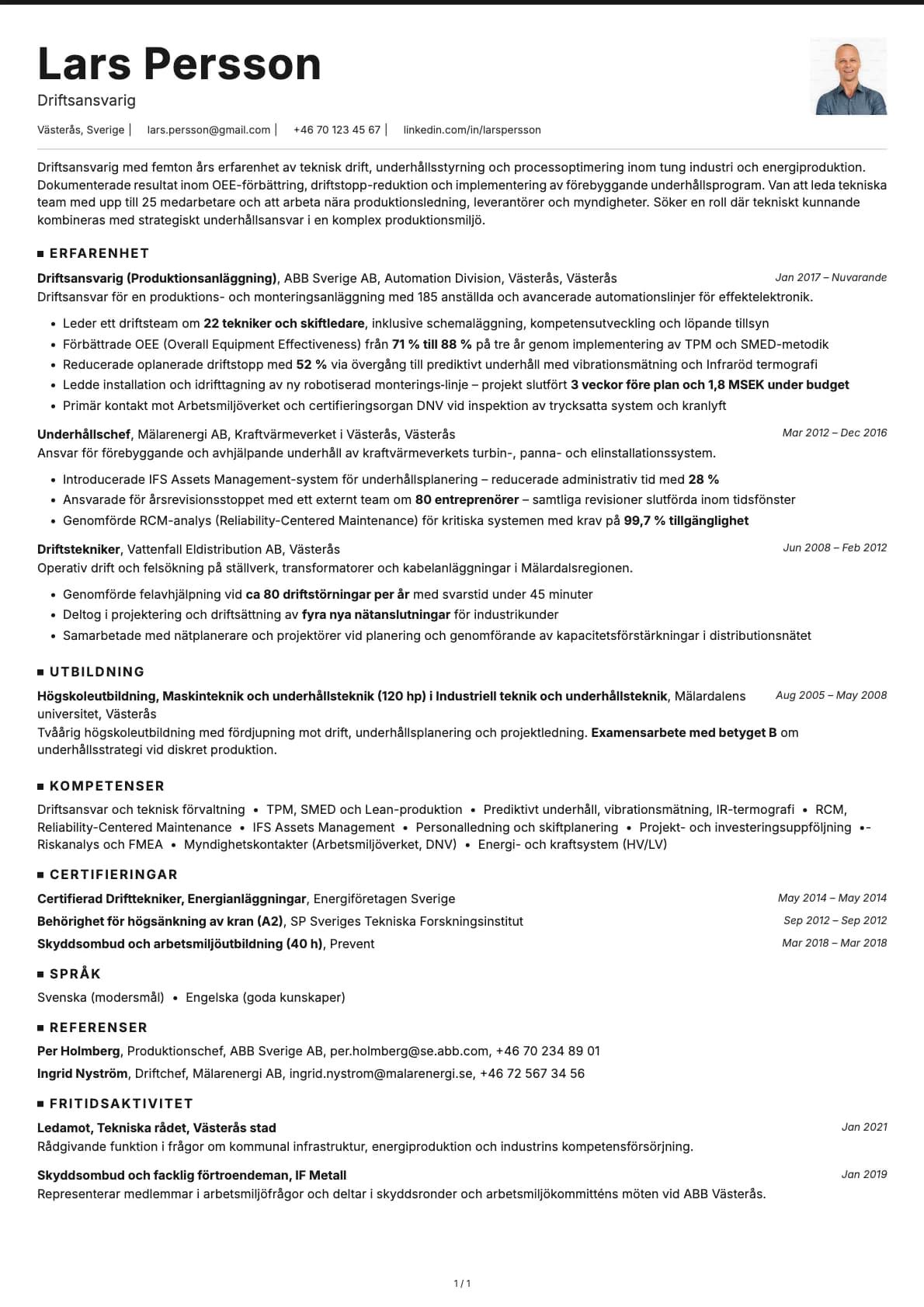 Driftsansvarig resume example