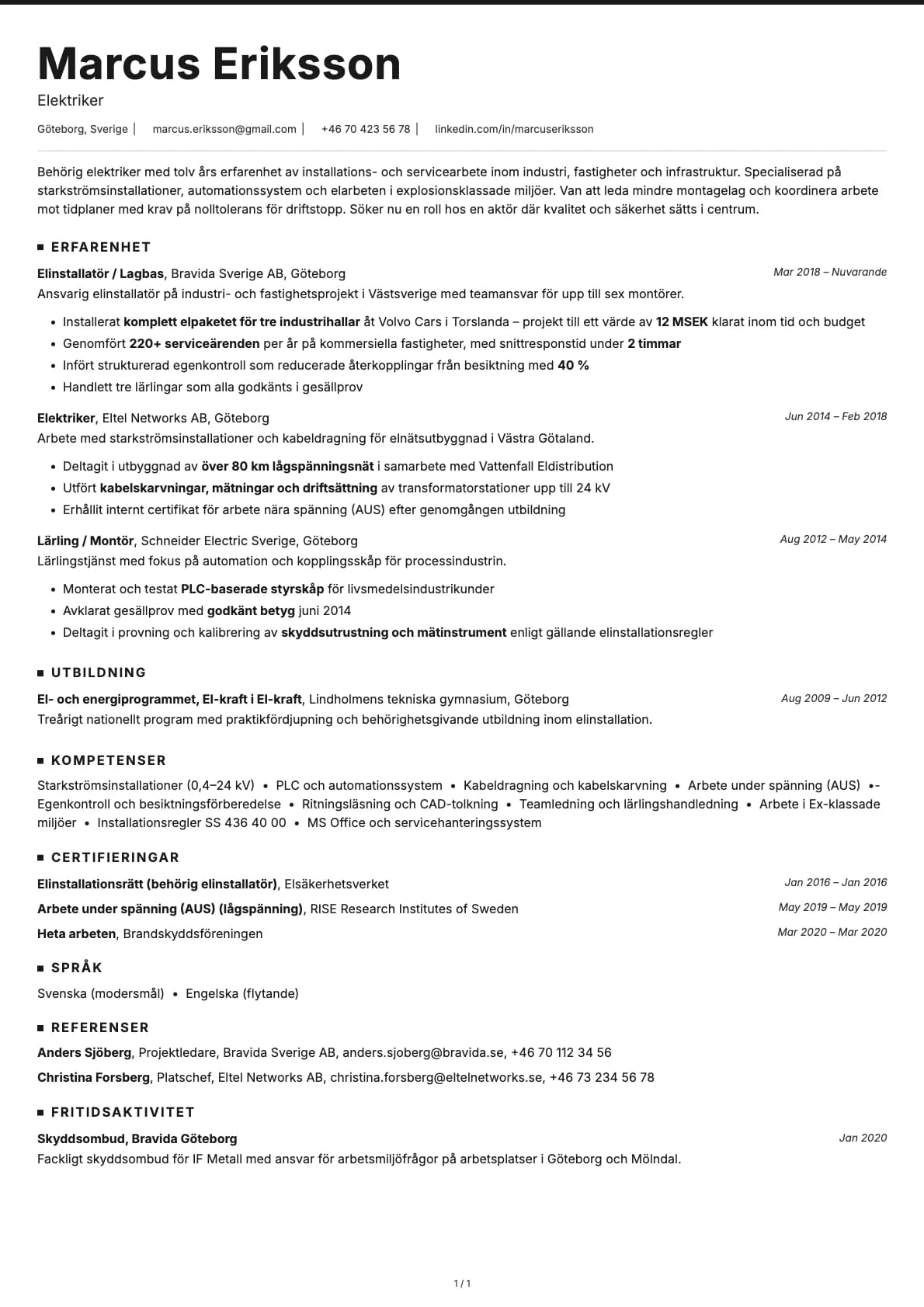 Elektriker resume example