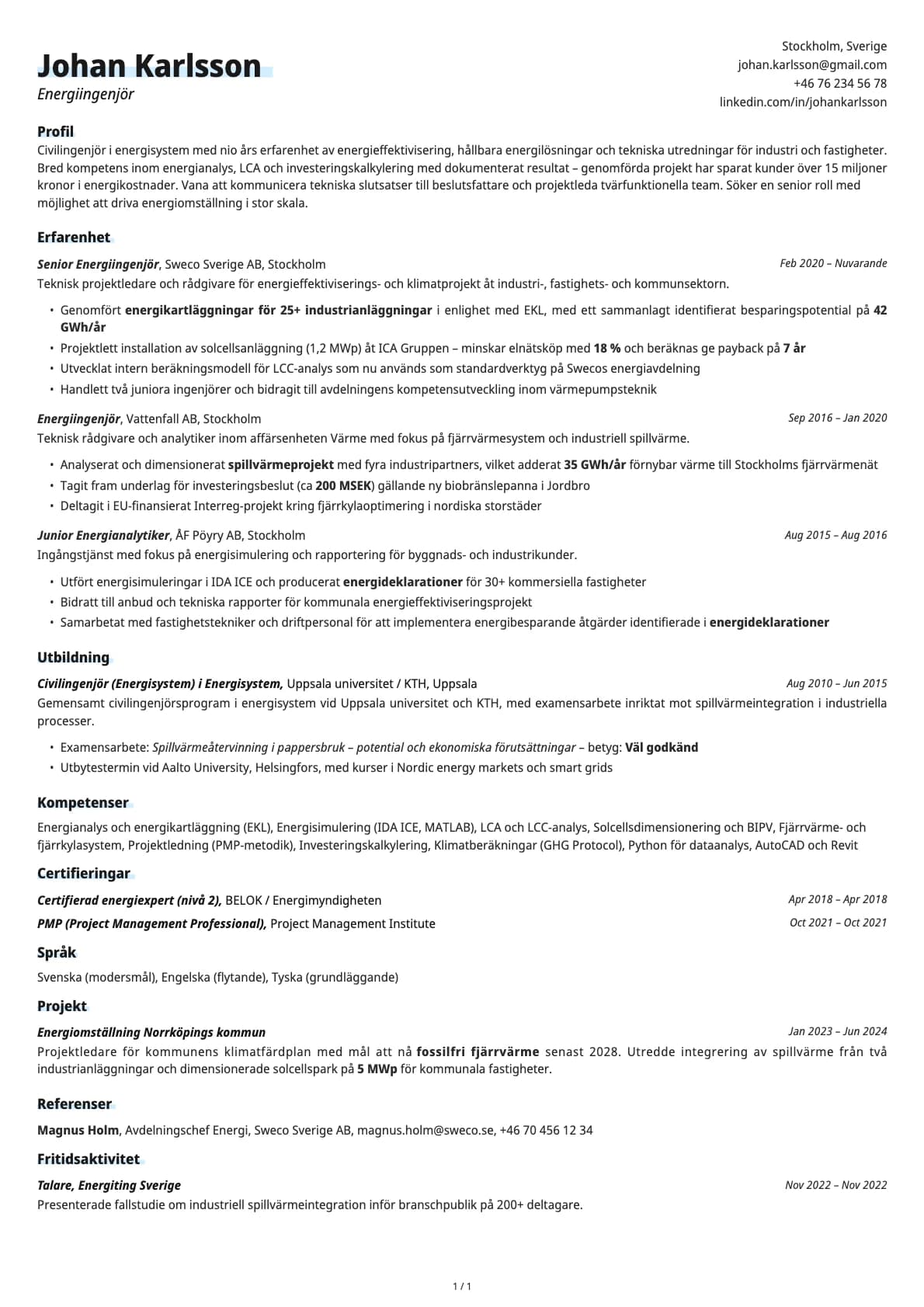Energiingenjör resume example