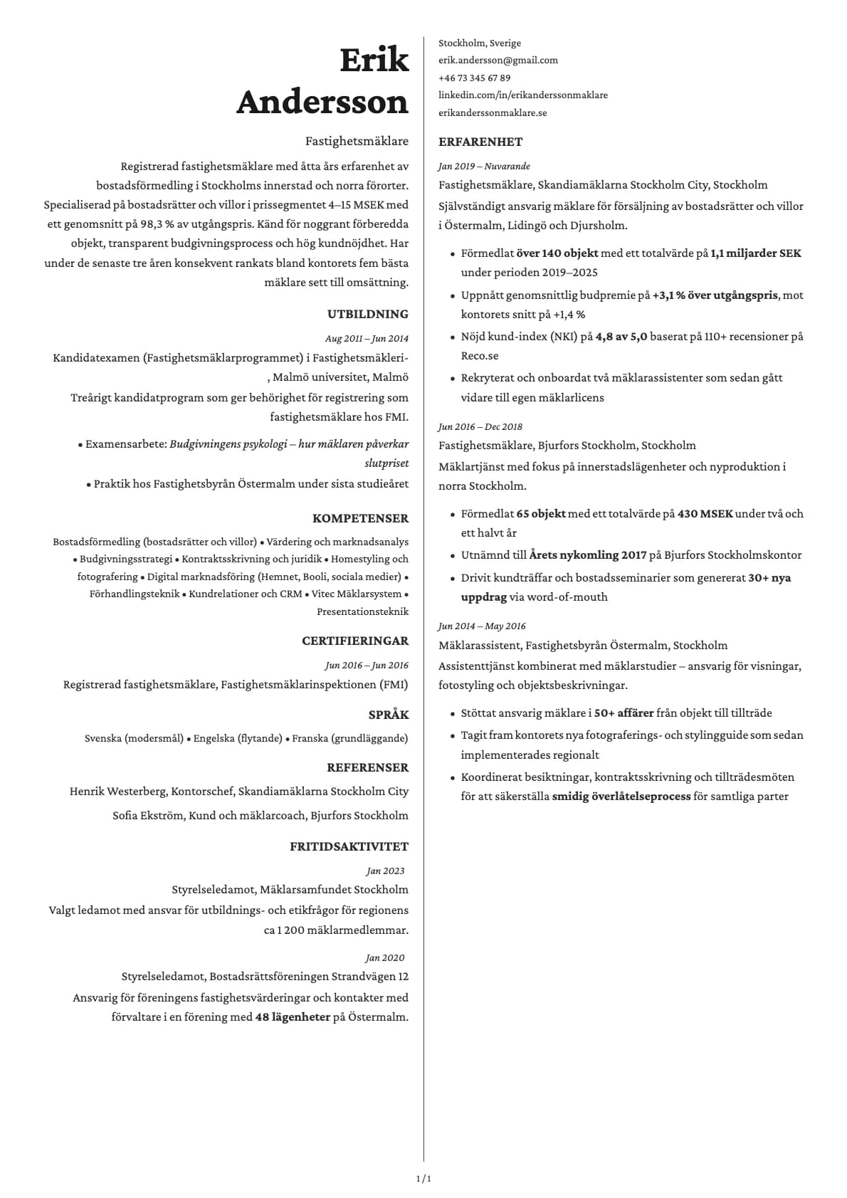 Fastighetsmäklare resume example