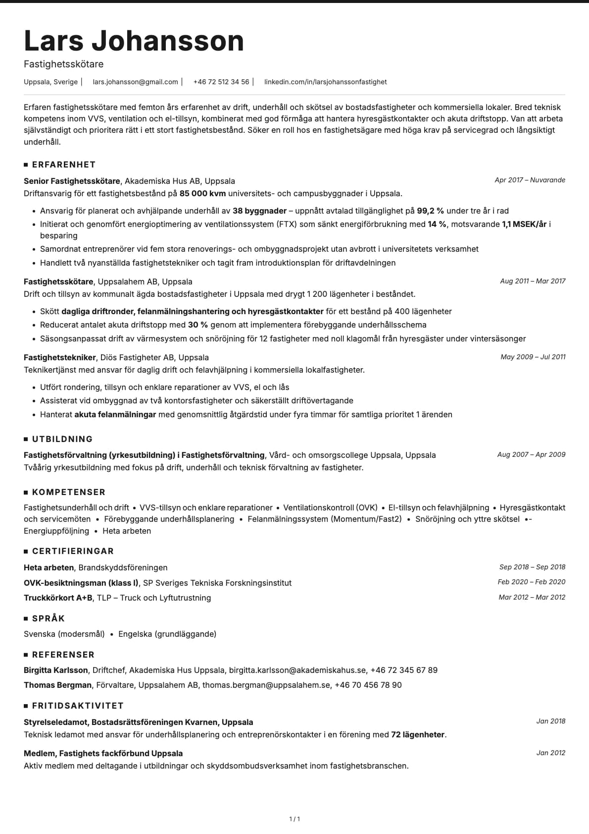 Fastighetsskötare resume example