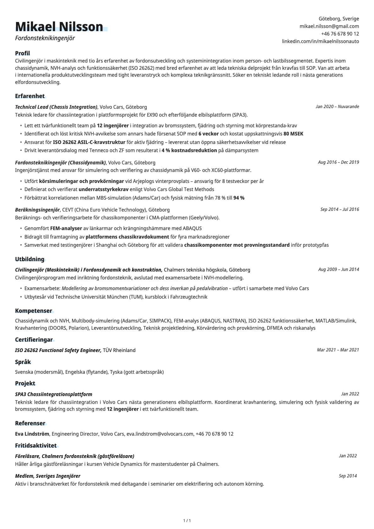 Fordonsteknikingenjör resume example