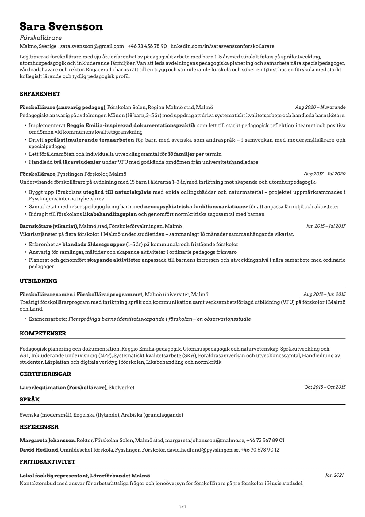 Förskollärare resume example