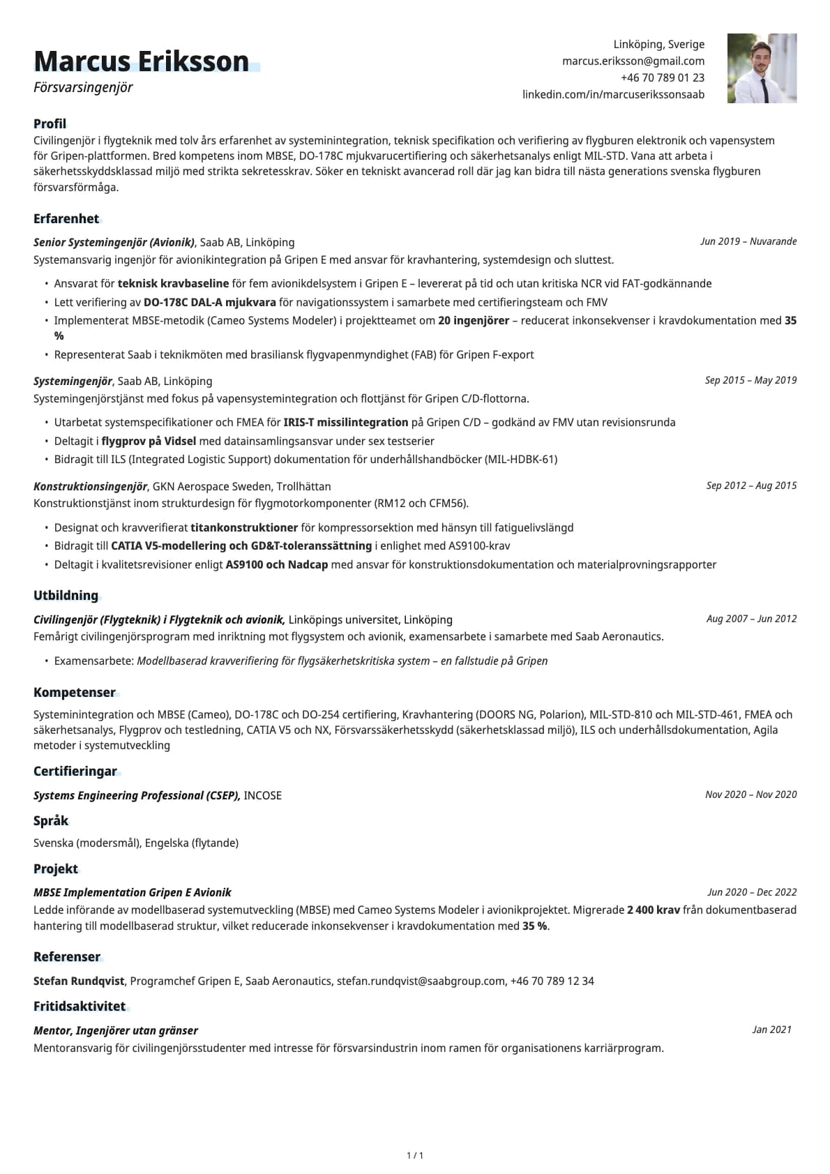 Försvarsingenjör resume example