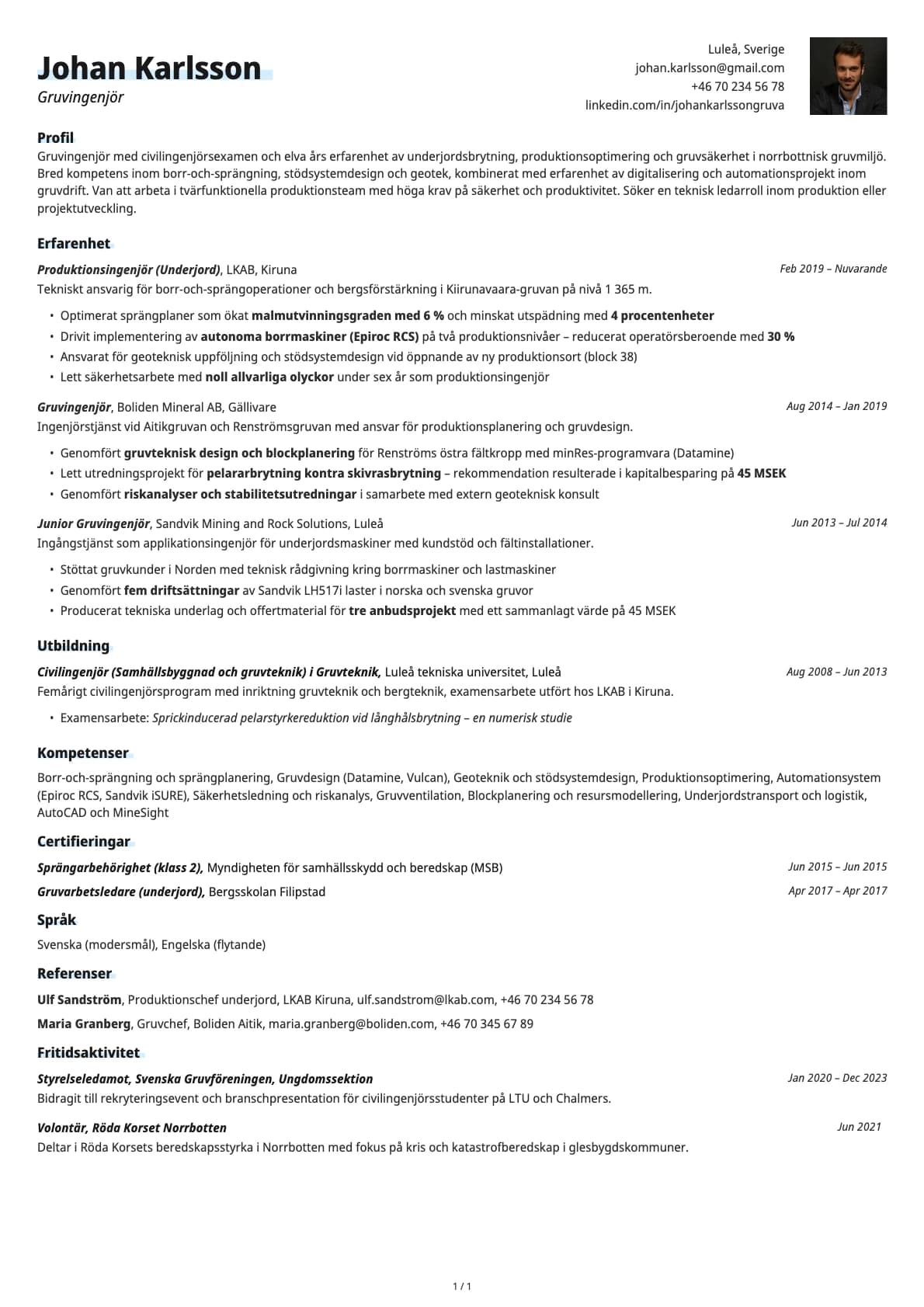 Gruvingenjör resume example
