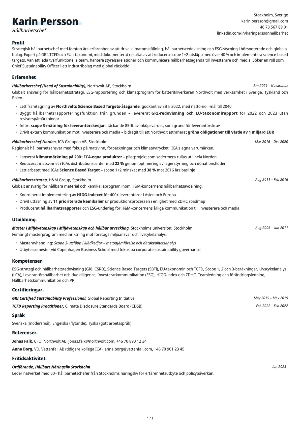 Hållbarhetschef resume example