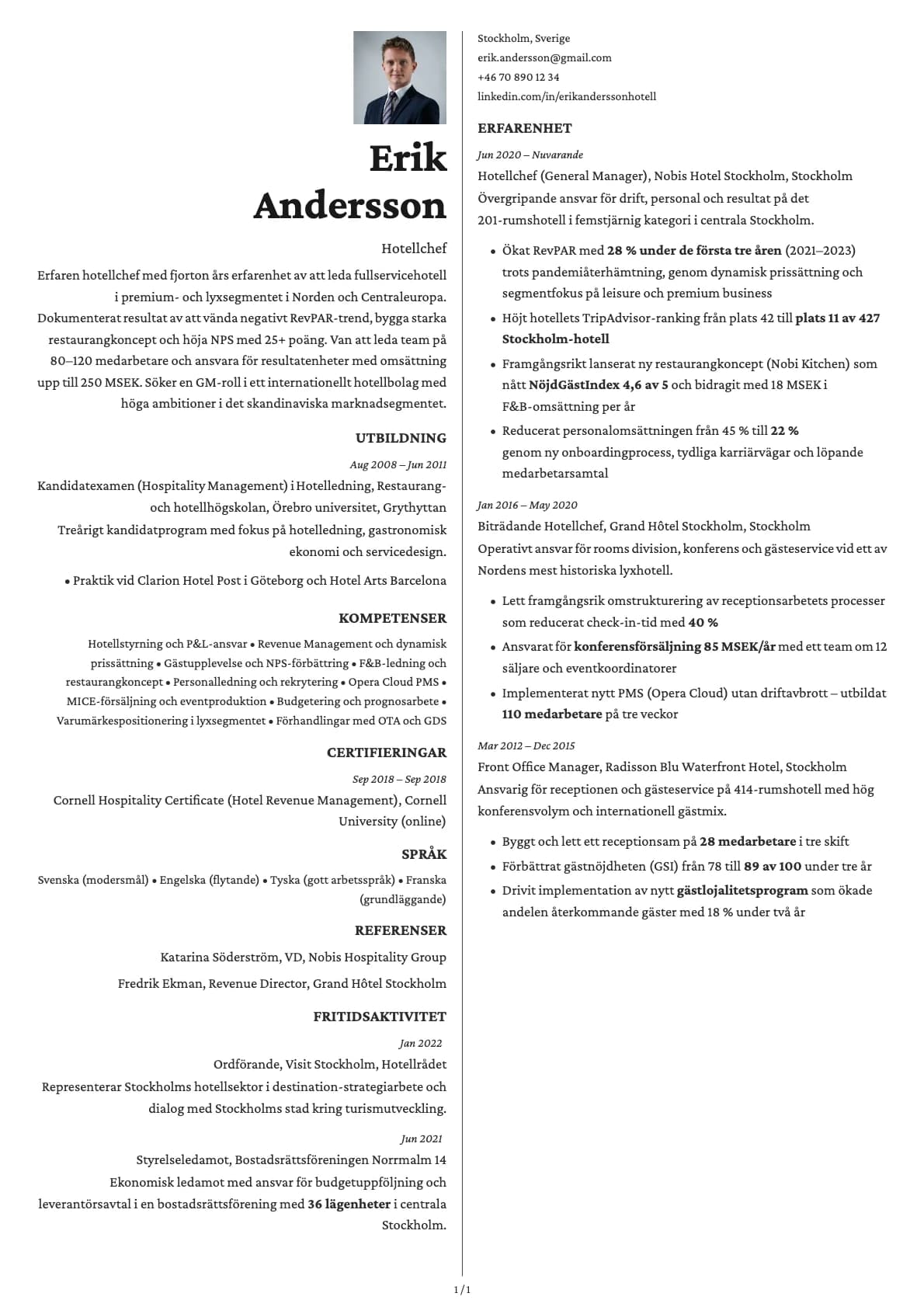 Hotellchef resume example