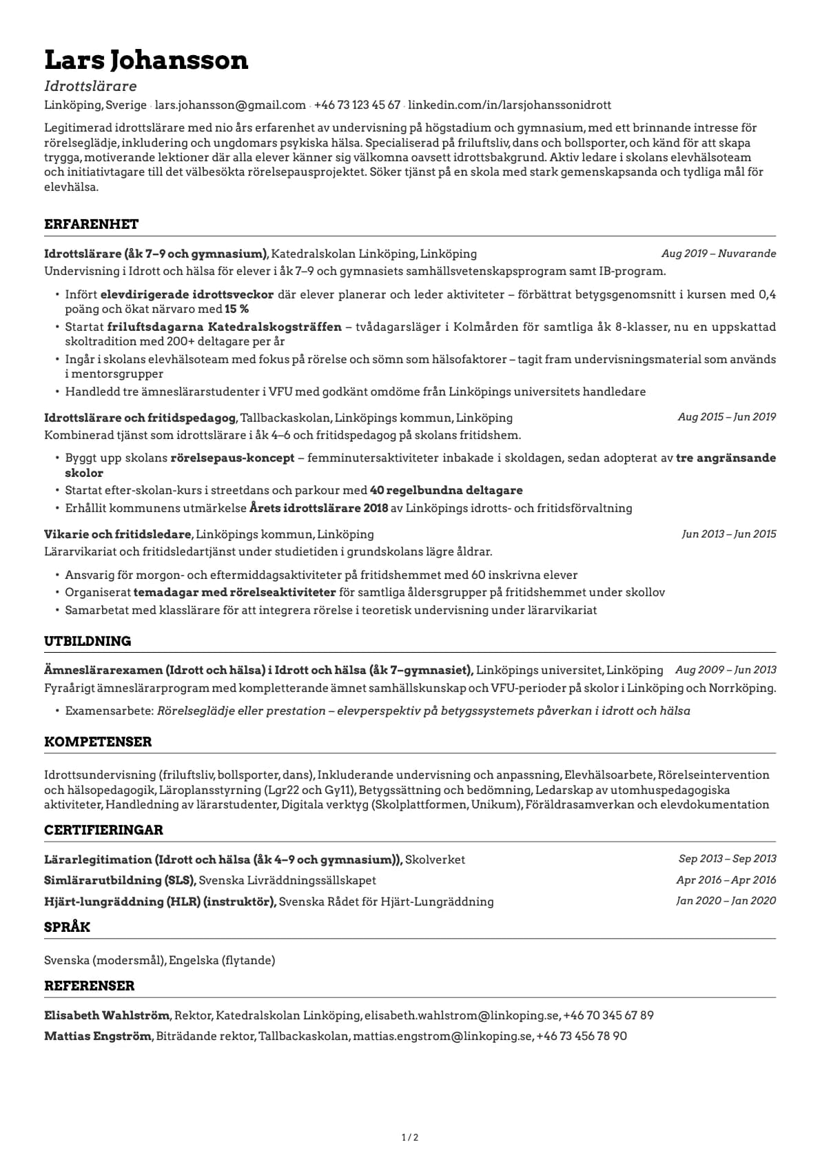 Idrottslärare resume example