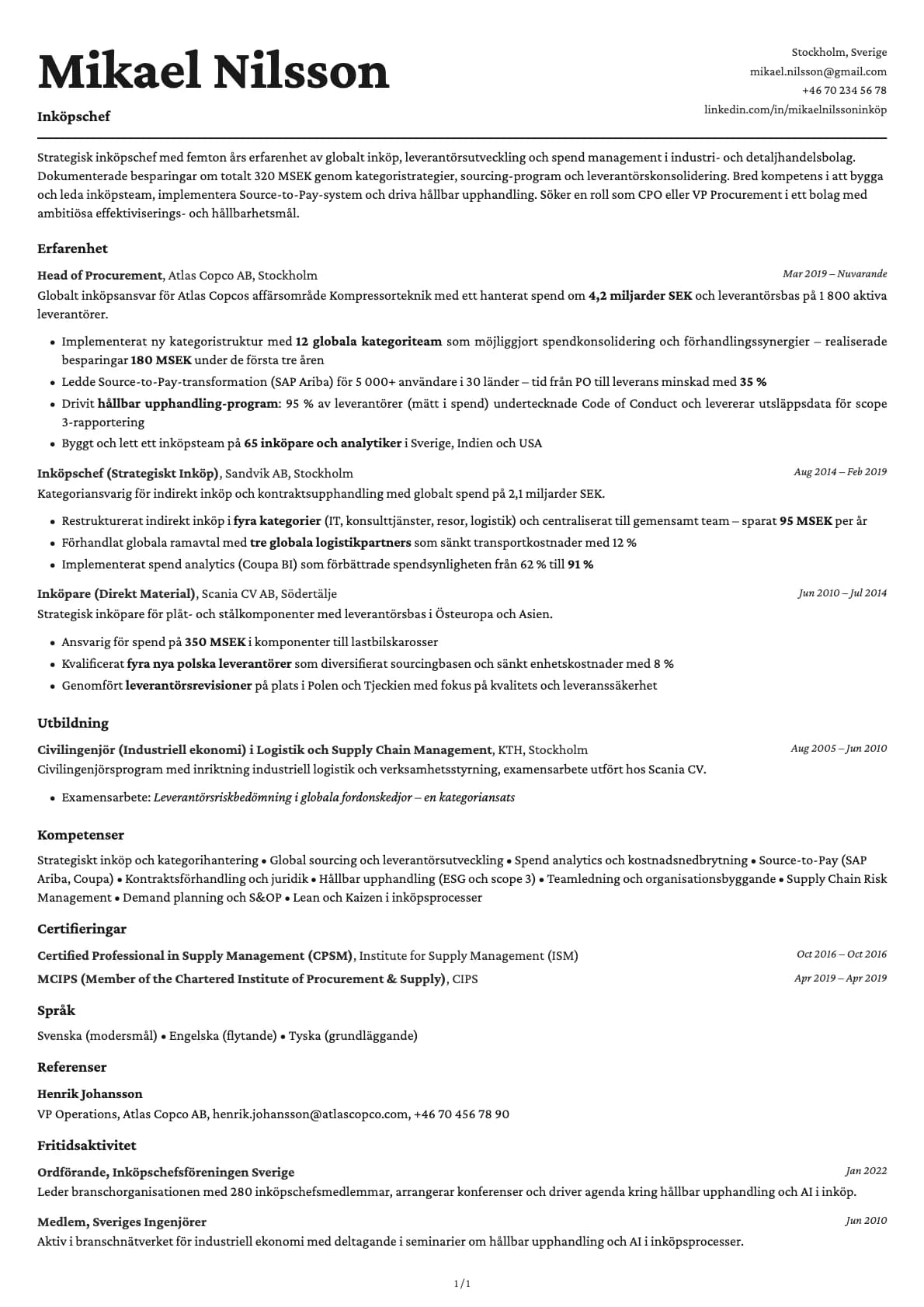 Inköpschef resume example