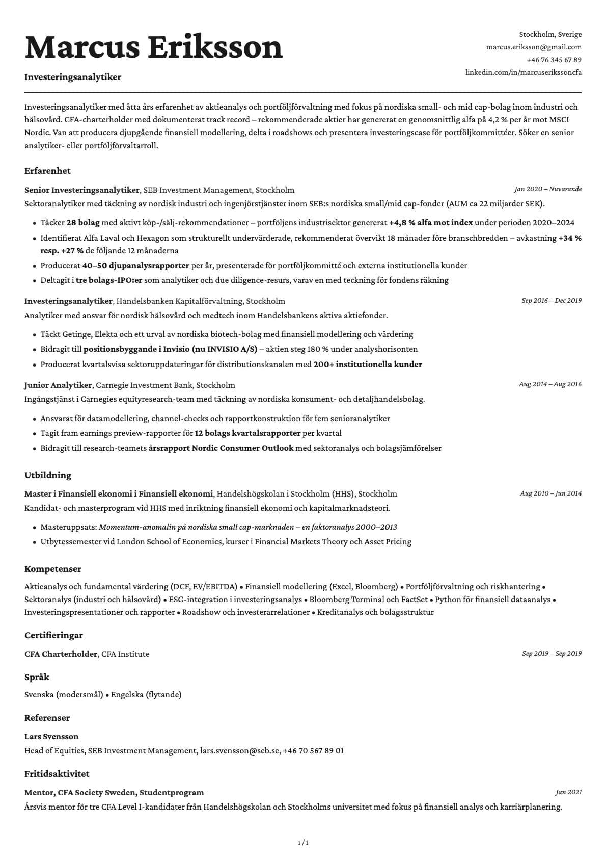 Investeringsanalytiker resume example