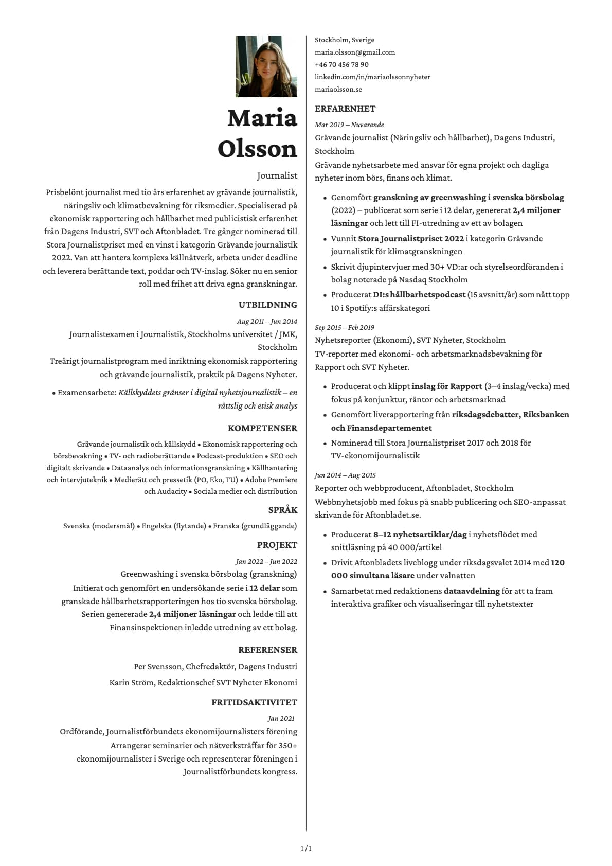 Journalist resume example