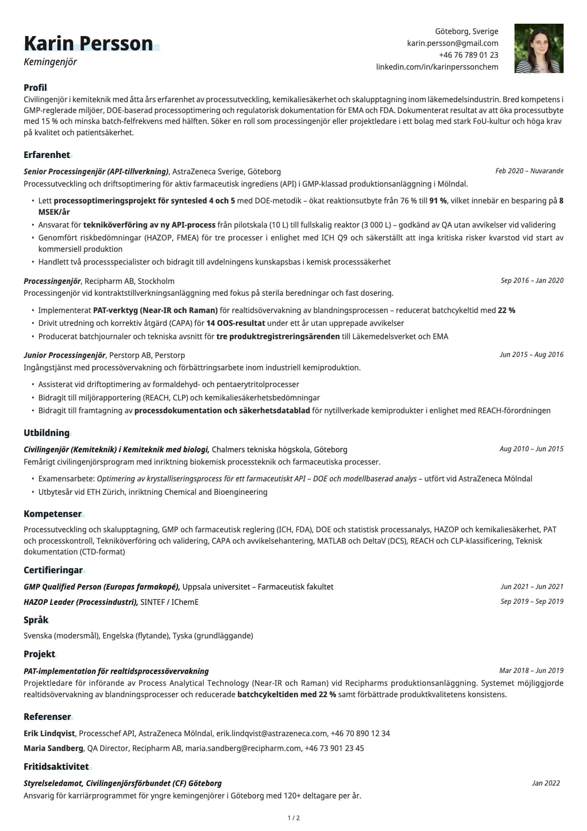 Kemingenjör resume example