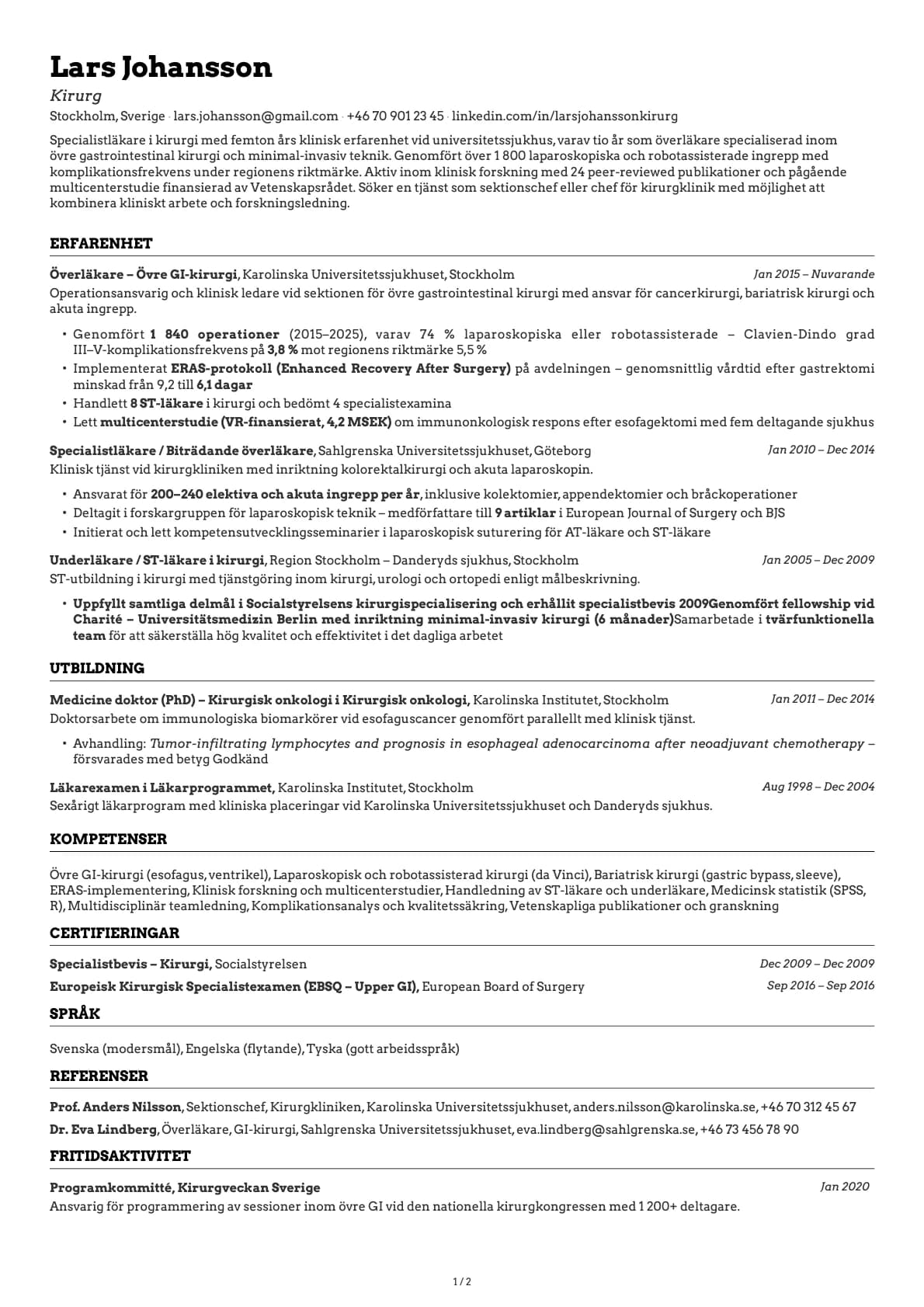 Kirurg resume example