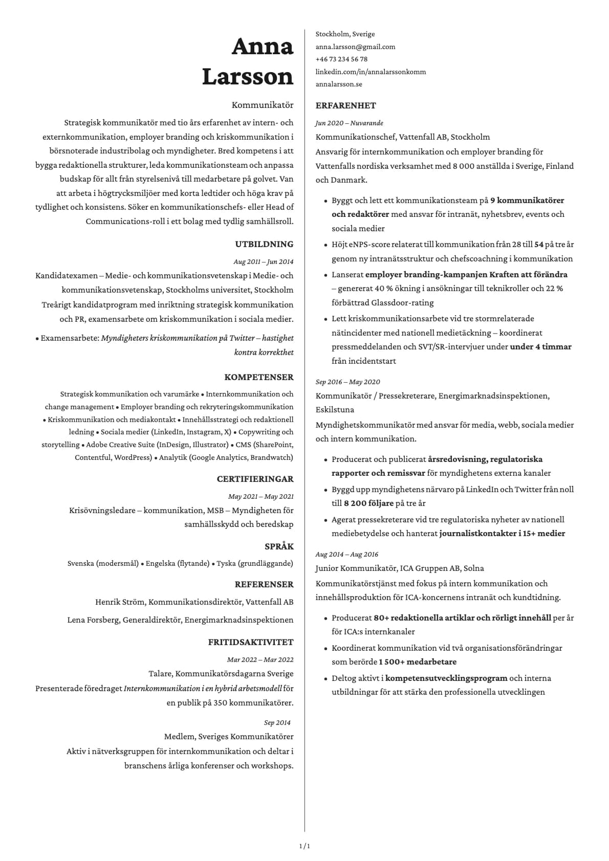 Kommunikatör resume example