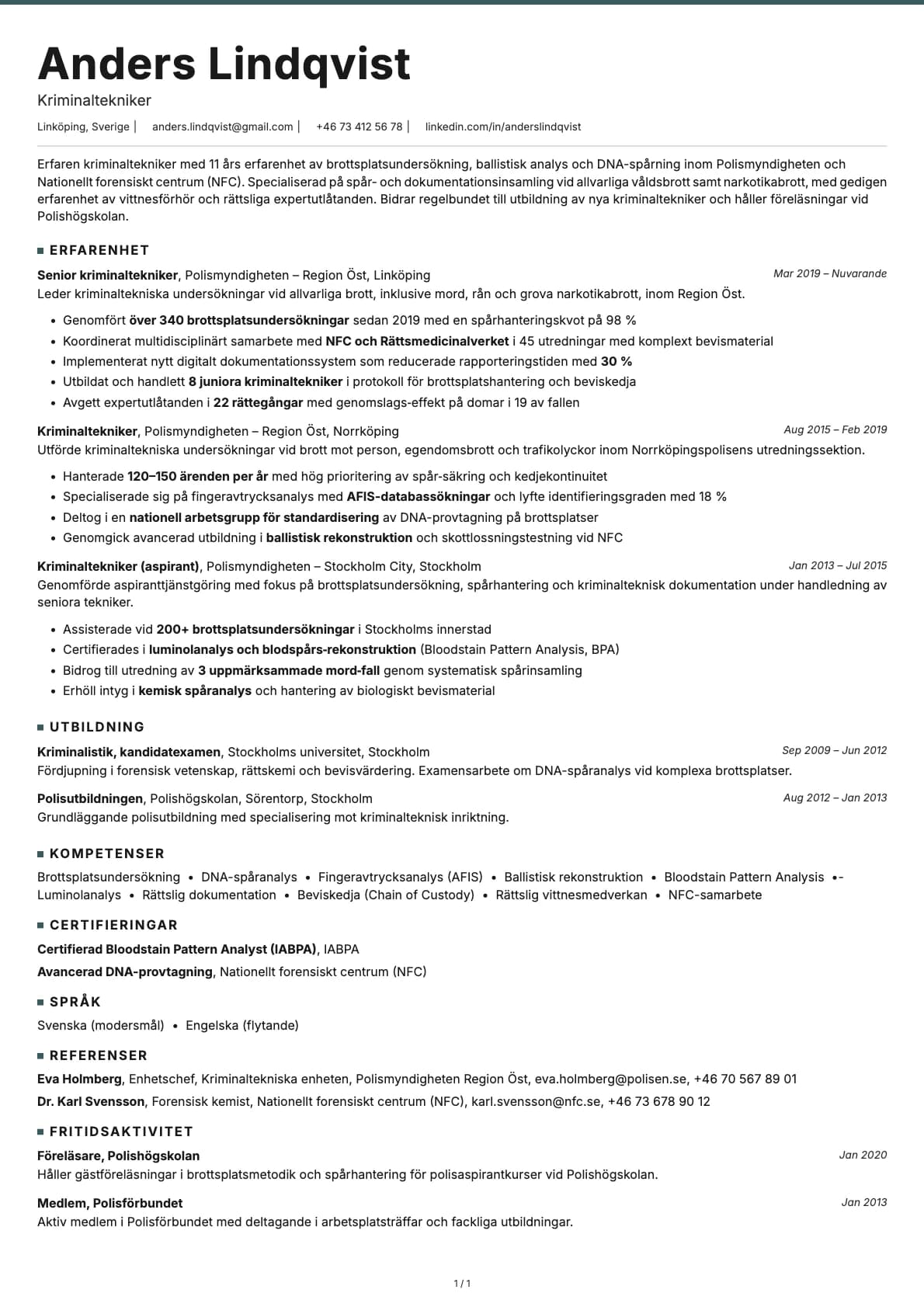 Kriminaltekniker resume example