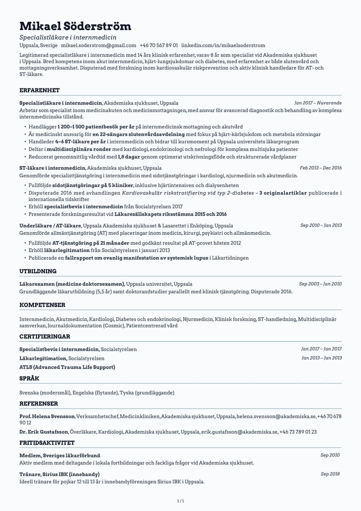 Specialistläkare i internmedicin resume example