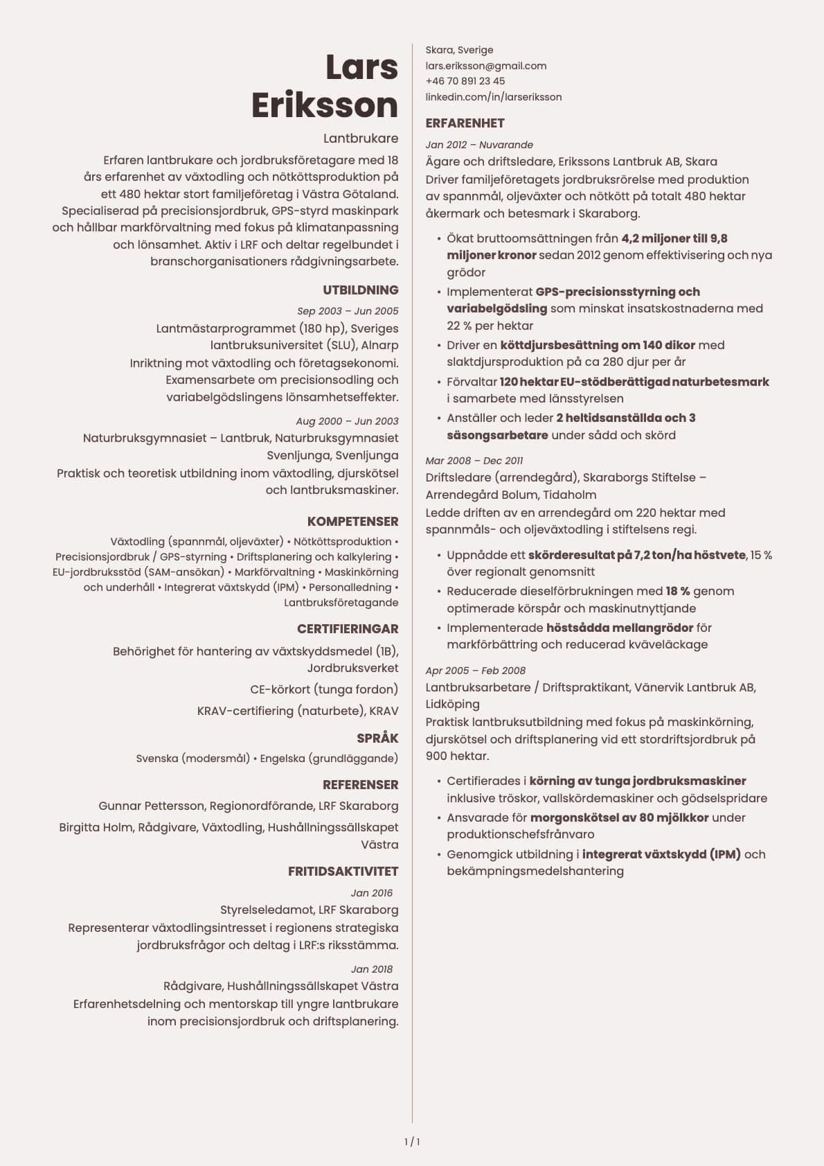 Lantbrukare resume example