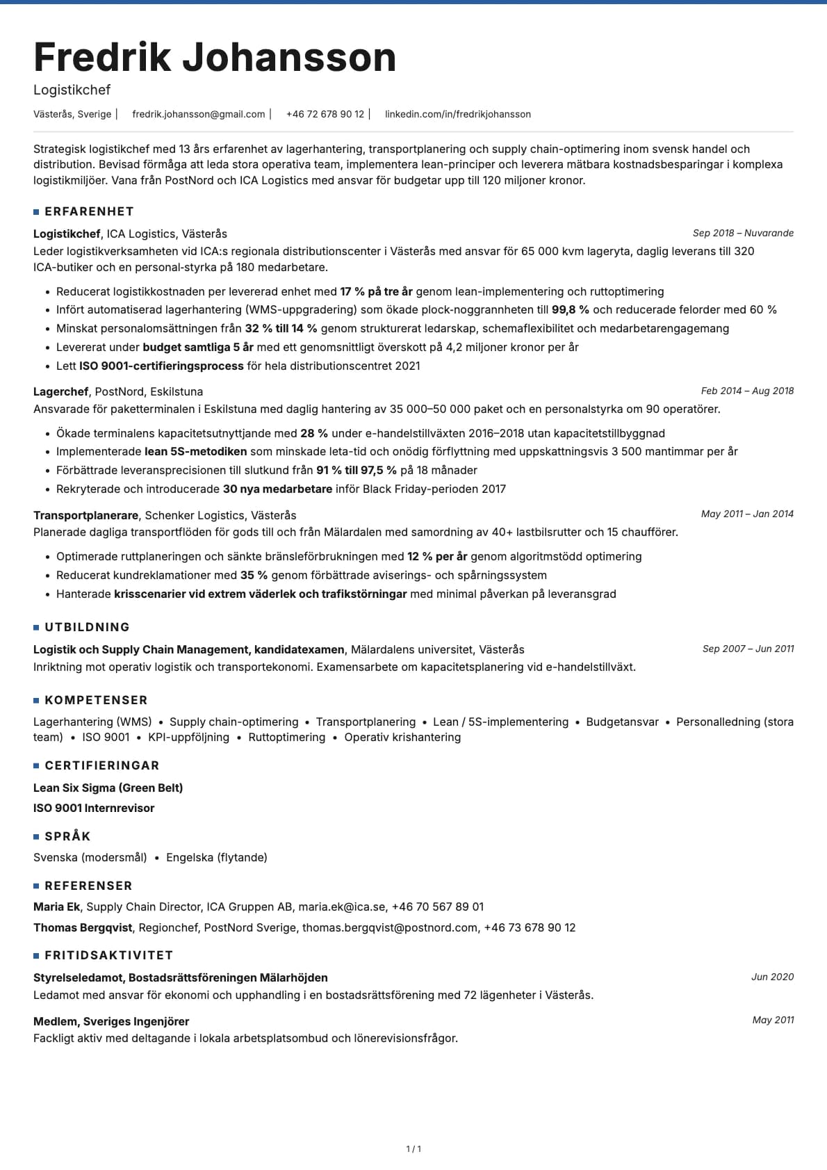 Logistikchef resume example