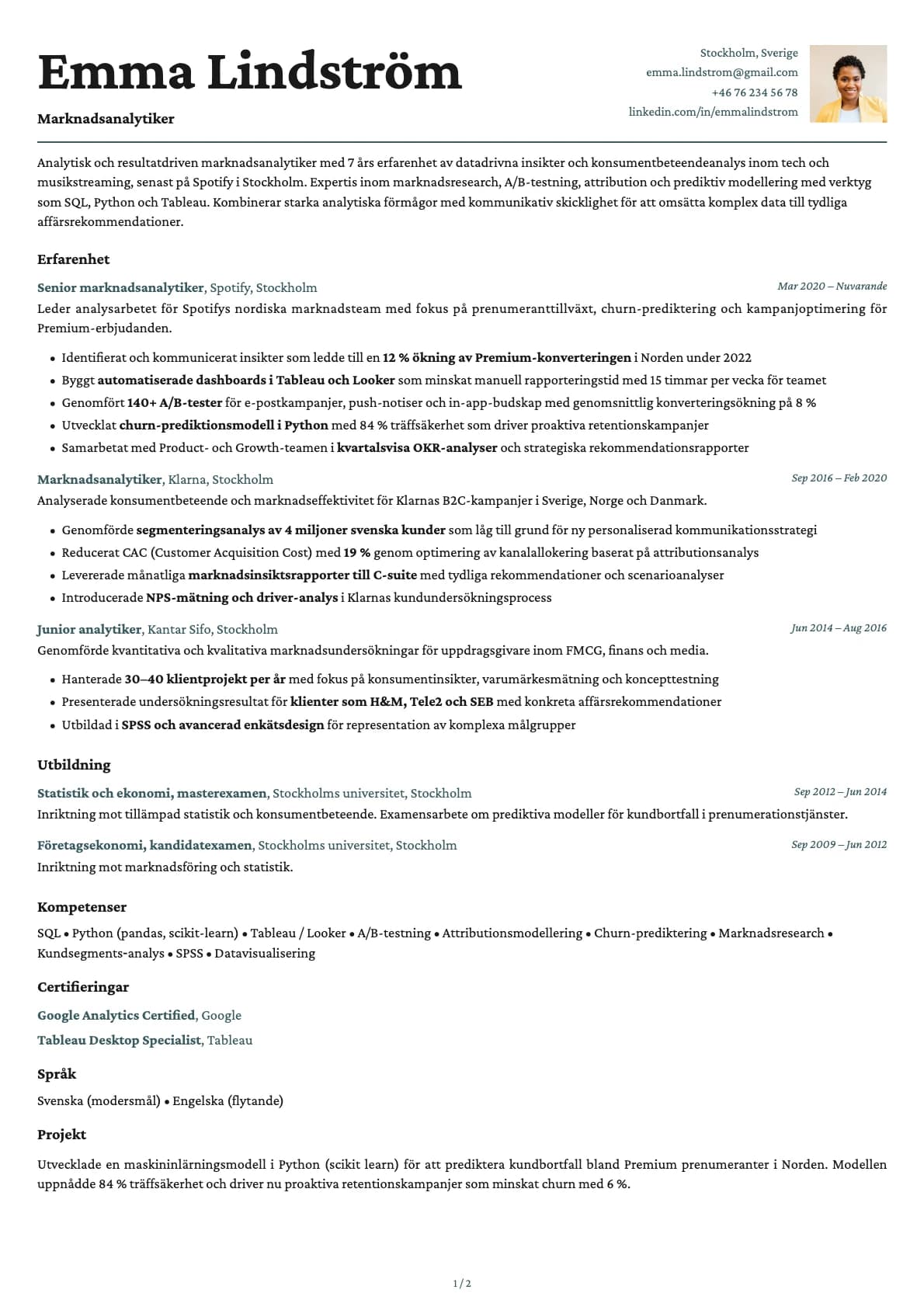 Marknadsanalytiker resume example
