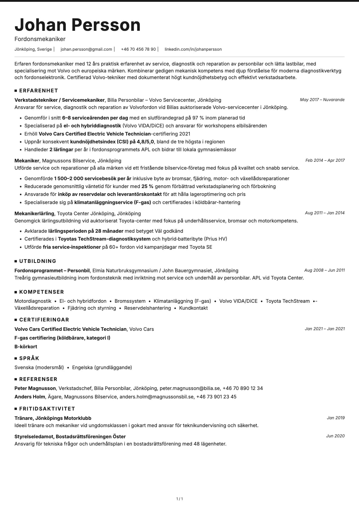 Mekaniker resume example