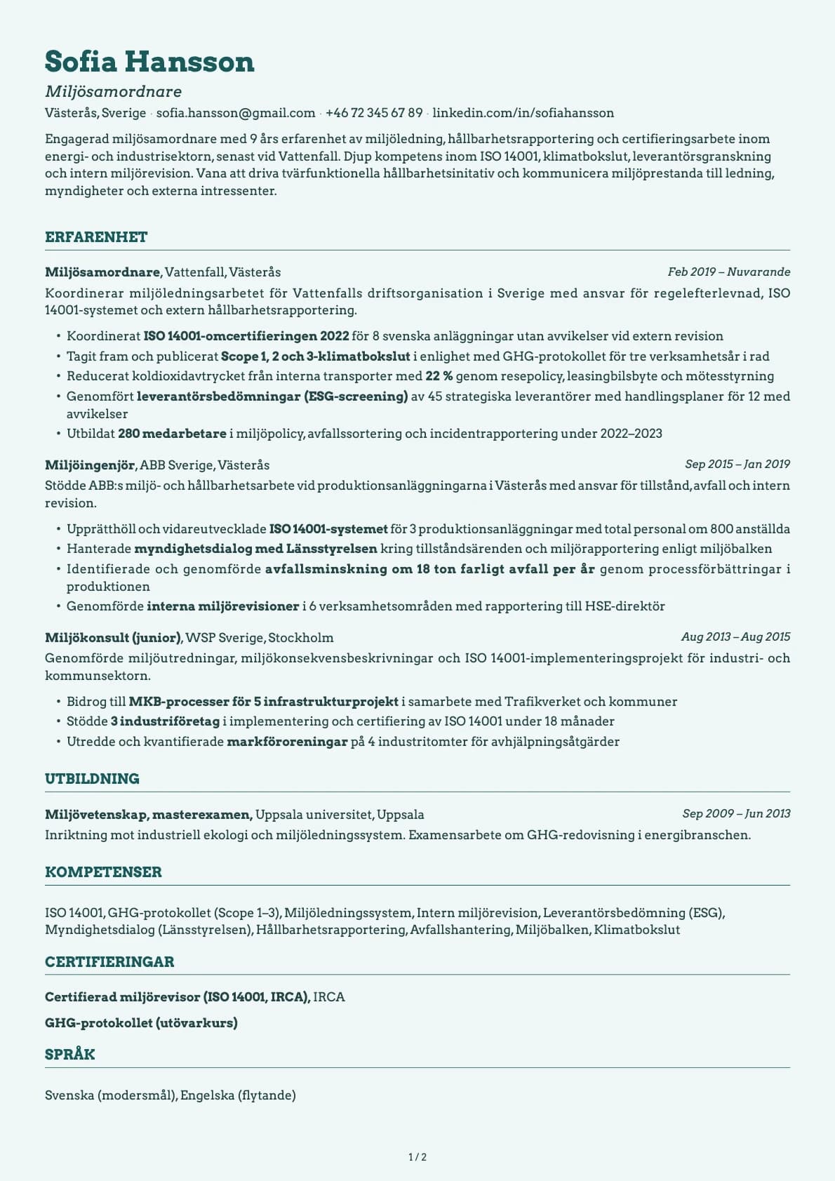 Miljösamordnare resume example