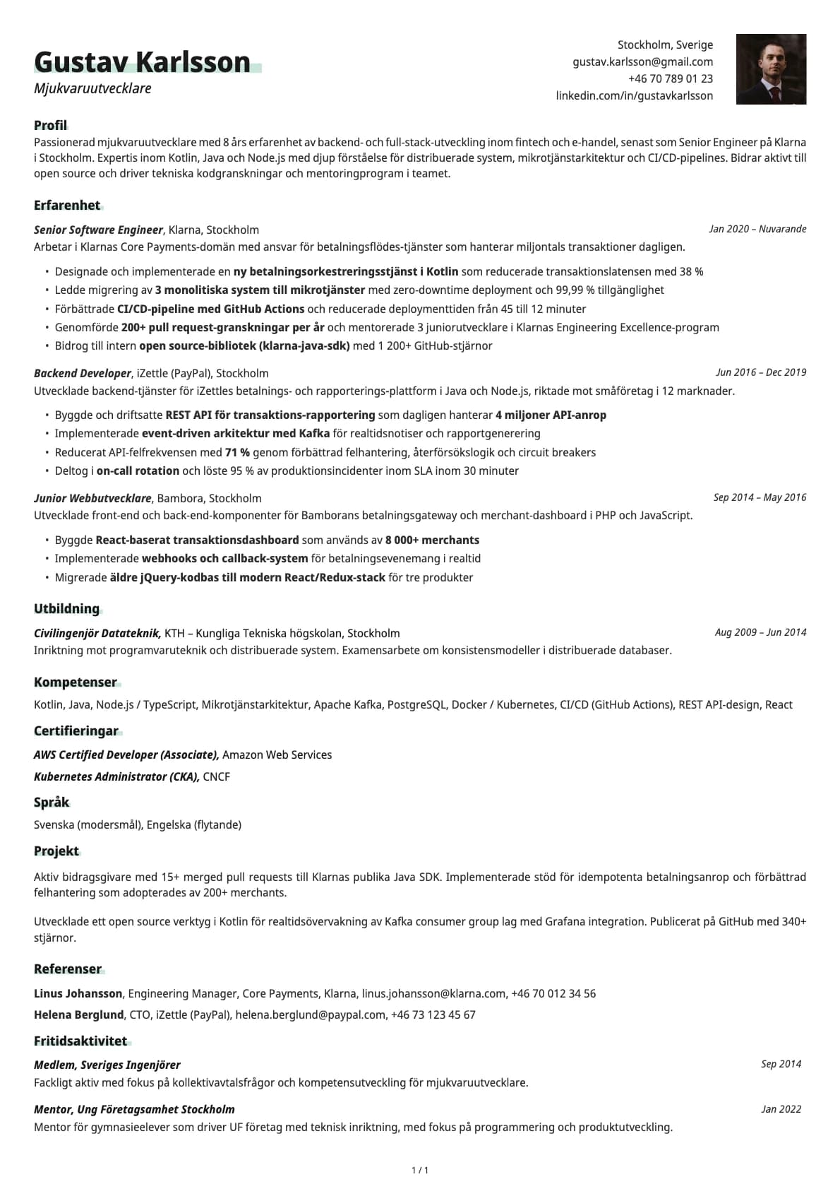 Mjukvaruutvecklare resume example