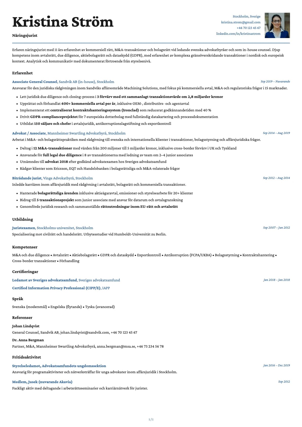 Näringsjurist resume example