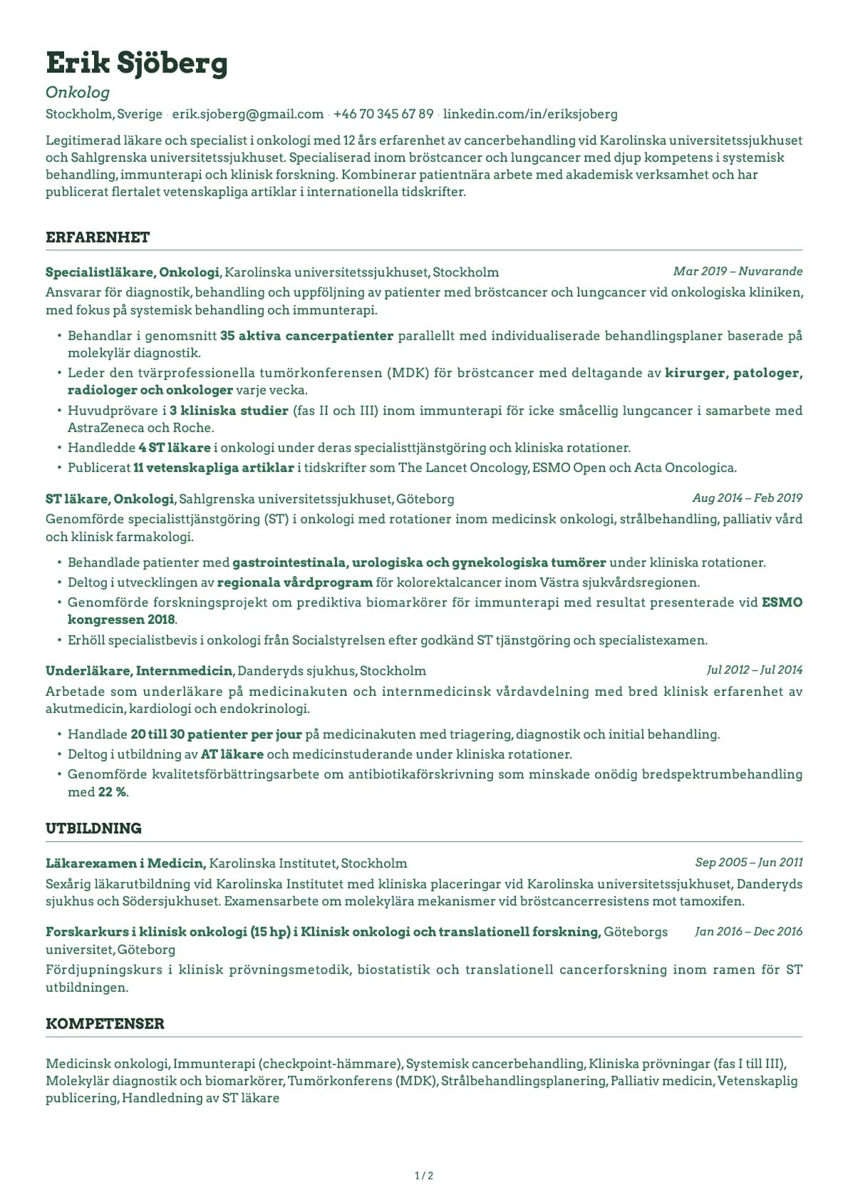 Onkolog resume example