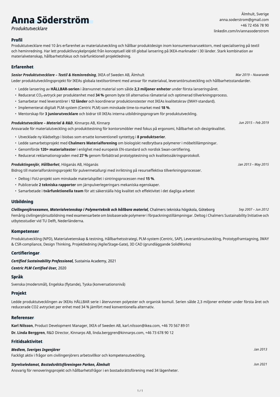 Produktutvecklare resume example